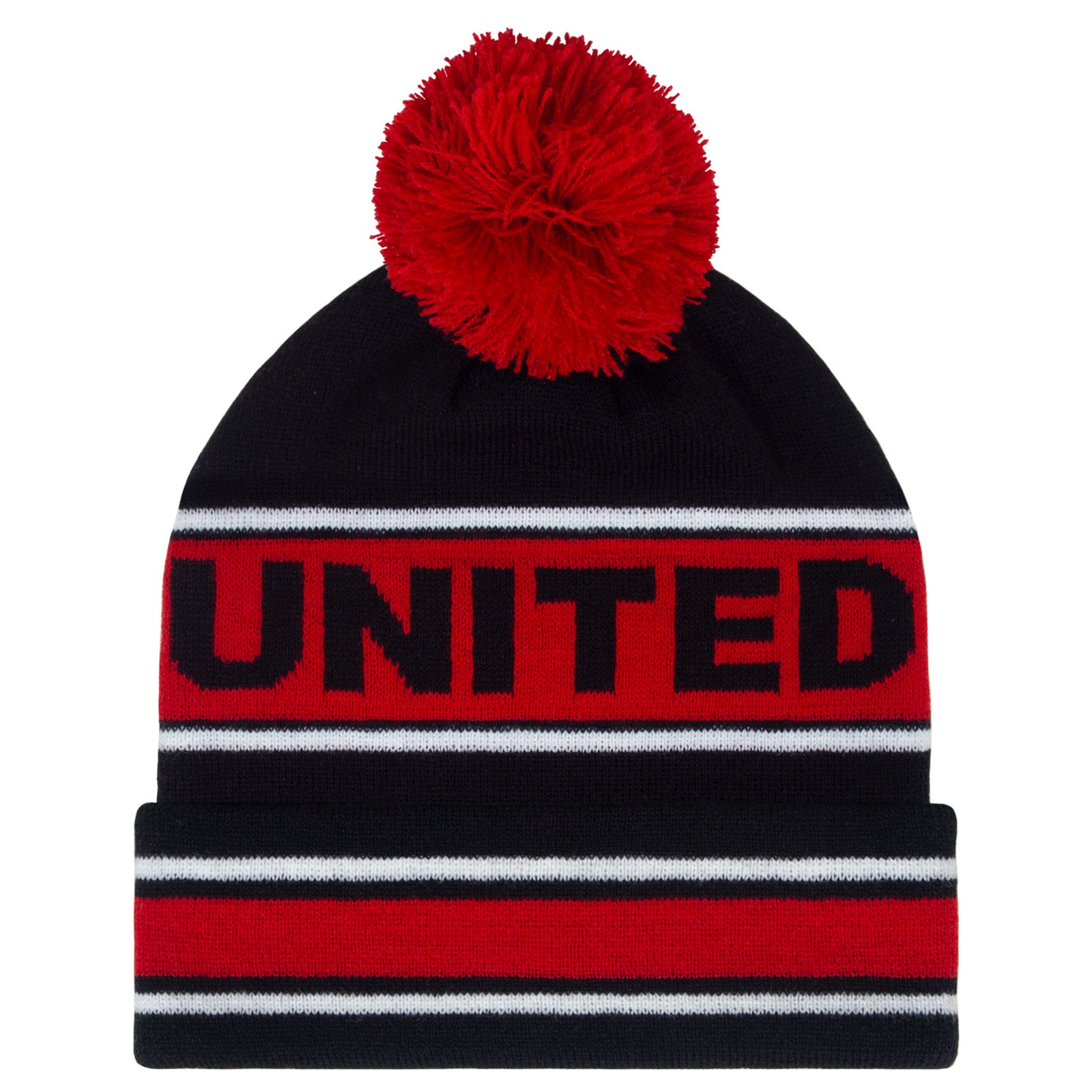 Man United knitted bobble hat in black with text to front