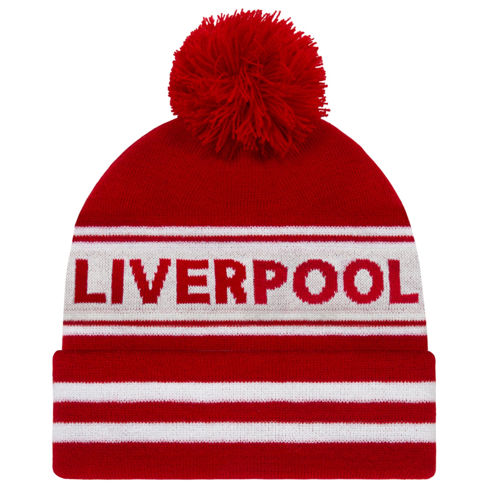 Liverpool knitted bobble hat in red with text to front