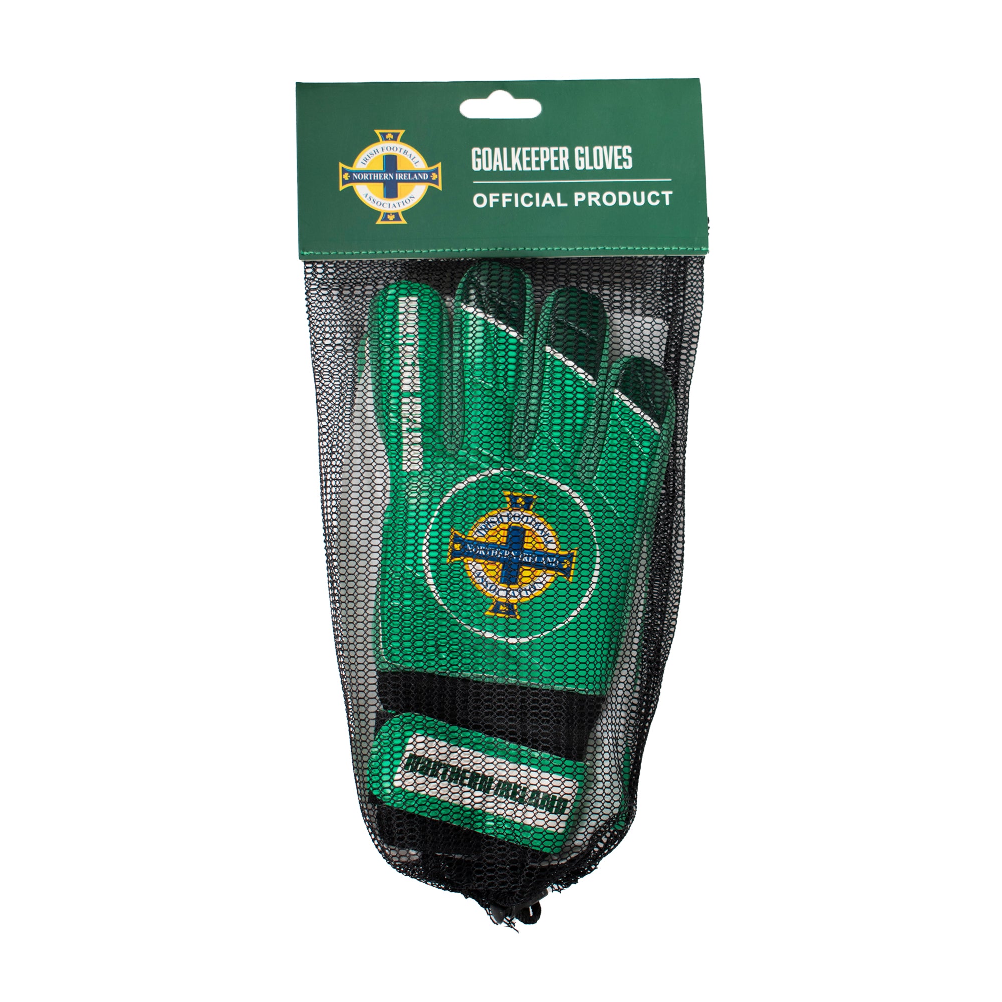 Northern Ireland green goalkeeper gloves with national team crest & text print to each glove