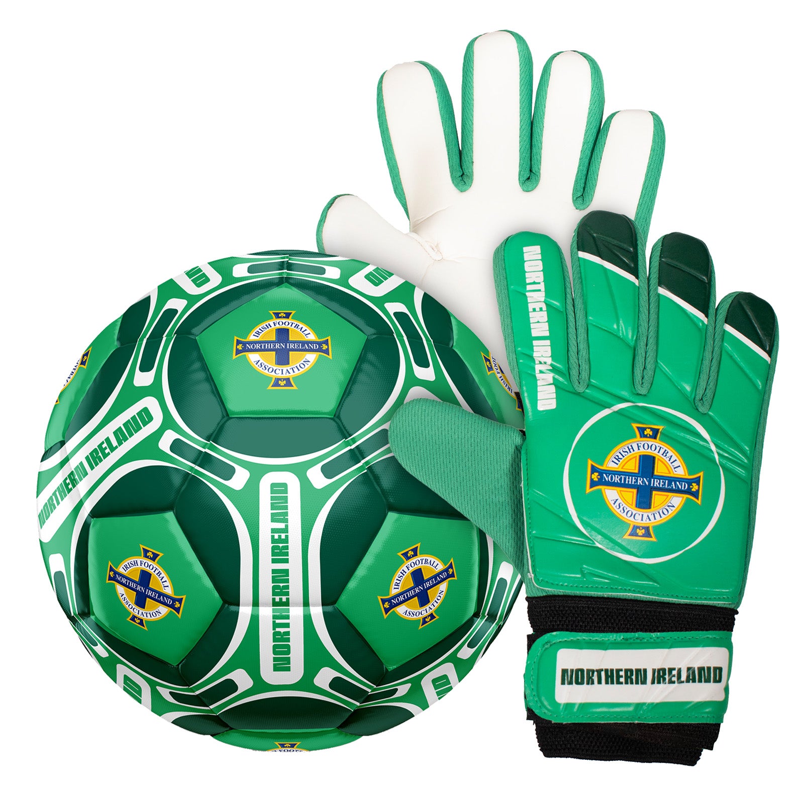 Northern Ireland size 4 football & goalie glove set in green with national team crest & text to each item