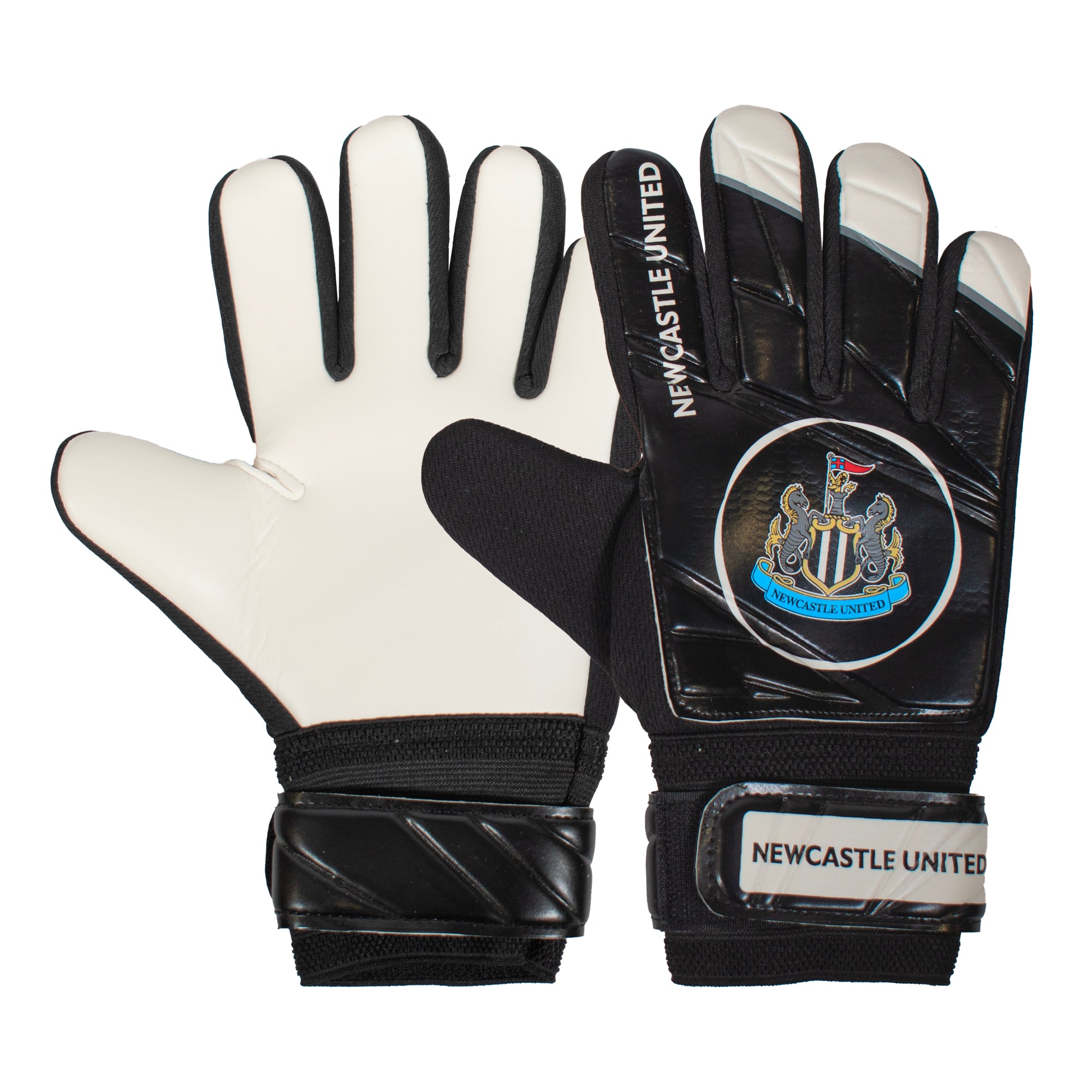 Newcastle United size 4 football & goalie glove set in black with club crest & text to each item