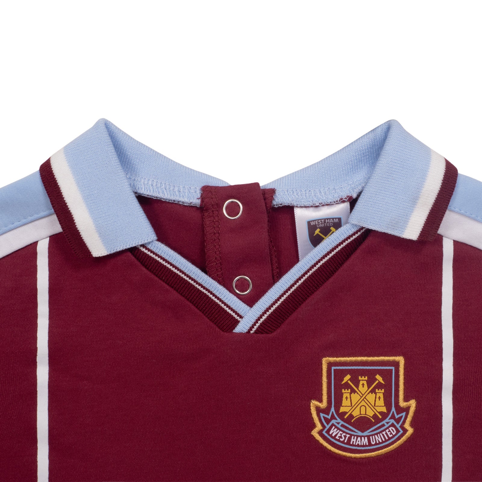 West Ham United FC baby sleepsuit in retro 2000 home kit colours