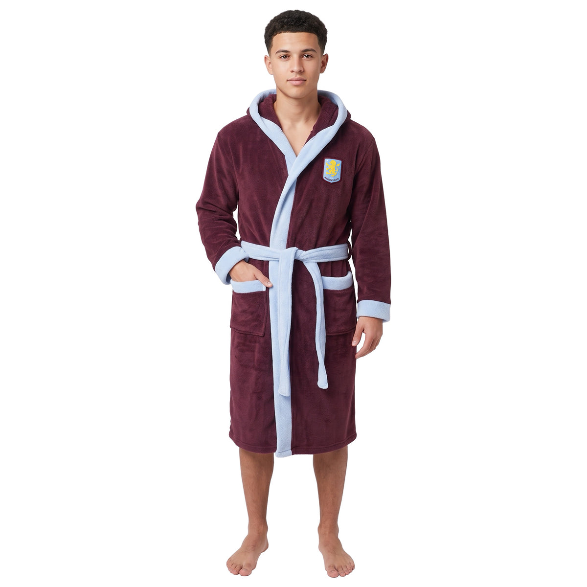 Aston Villa adults dressing gown in claret & blue with club crest to chest.
