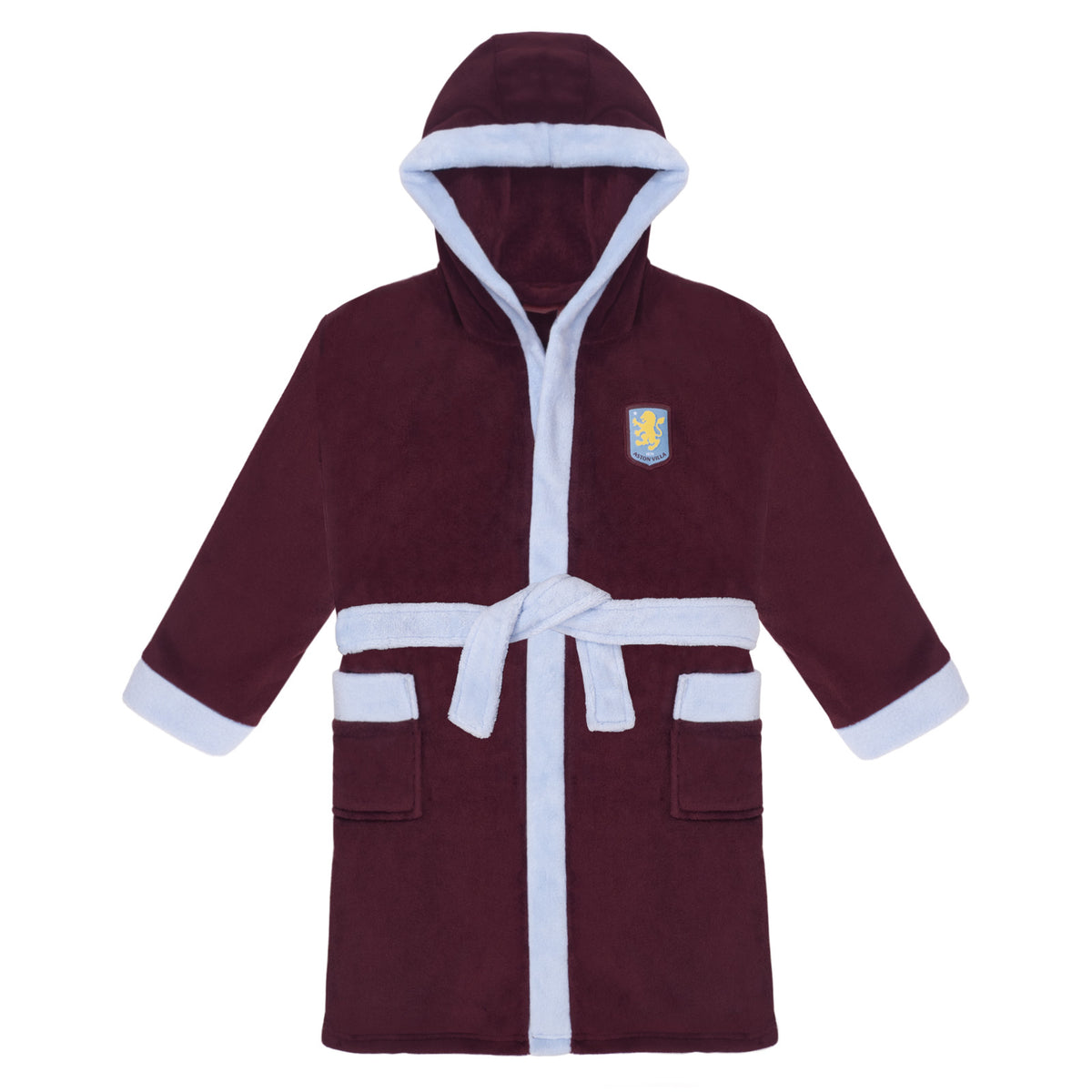 Aston Villa adults dressing gown in claret & blue with club crest to chest.