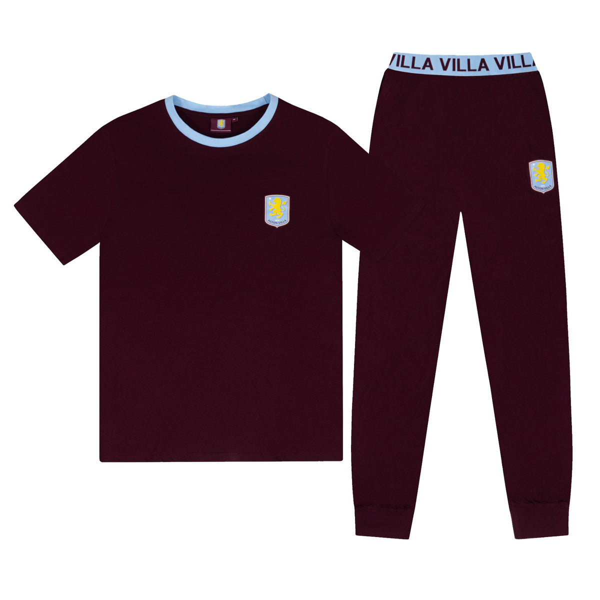 Aston Villa adults long pyjamas in claret and blue. Short sleeve top featuring club crest to chest. Long bottoms with club crest to leg and VILLA text on the waistband