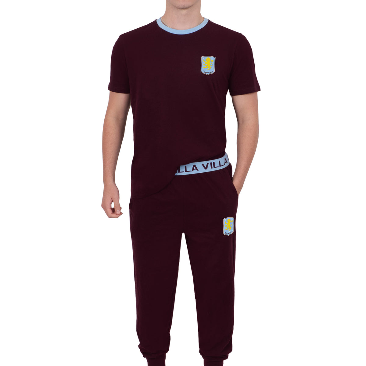 Aston Villa adults long pyjamas in claret and blue. Short sleeve top featuring club crest to chest. Long bottoms with club crest to leg and VILLA text on the waistband
