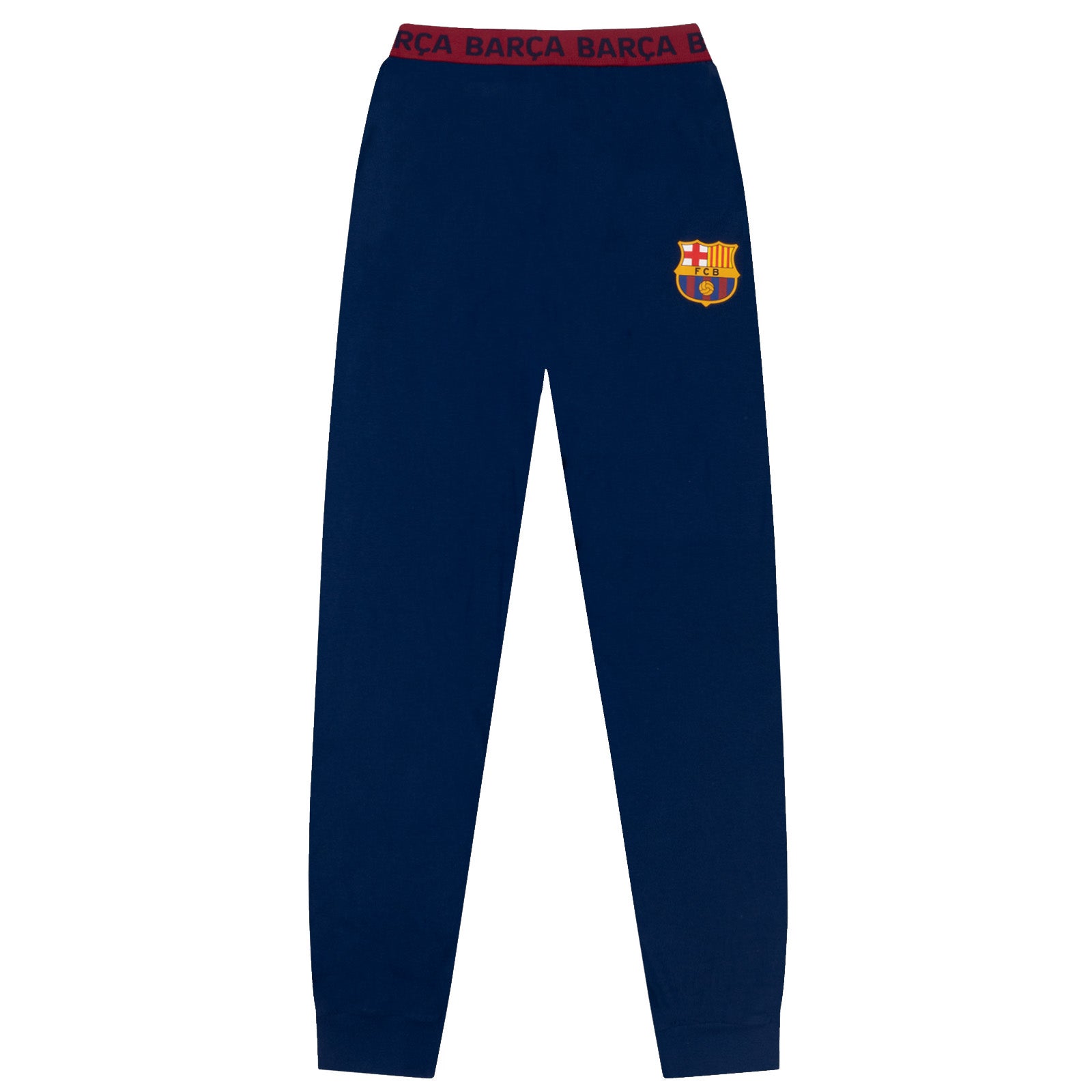 FC Barcelona adults long pyjamas in navy blue. Short sleeve top featuring club crest to chest. Long bottoms with club crest to leg and BARCA text on the waistband