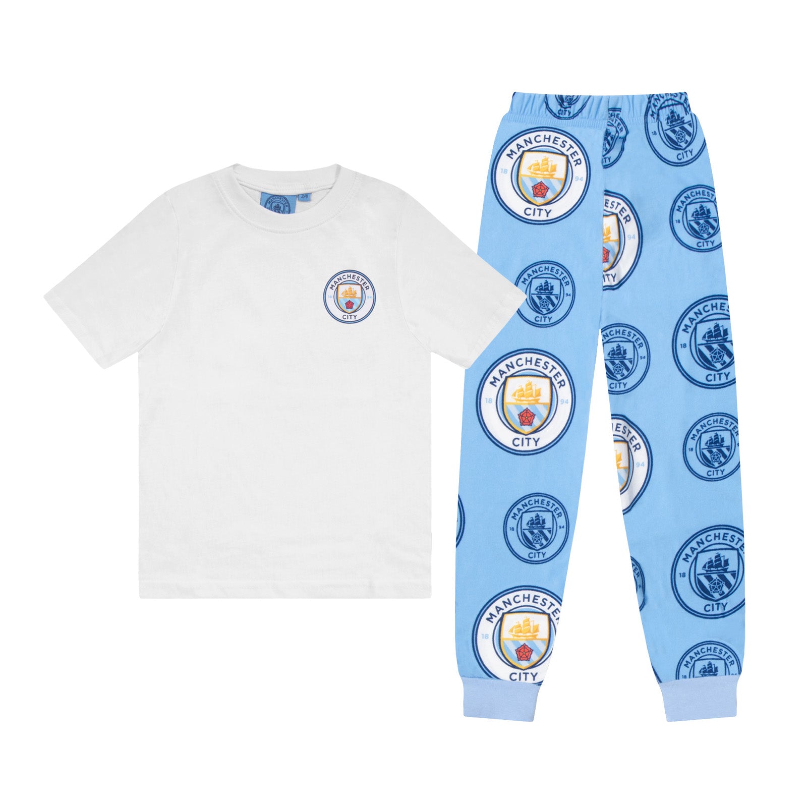 Manchester City kids loungewear pyjama set. Short sleeve t-shirt in white with Man City crest to chest. Long pants in sky blue with all-over print of the club crest