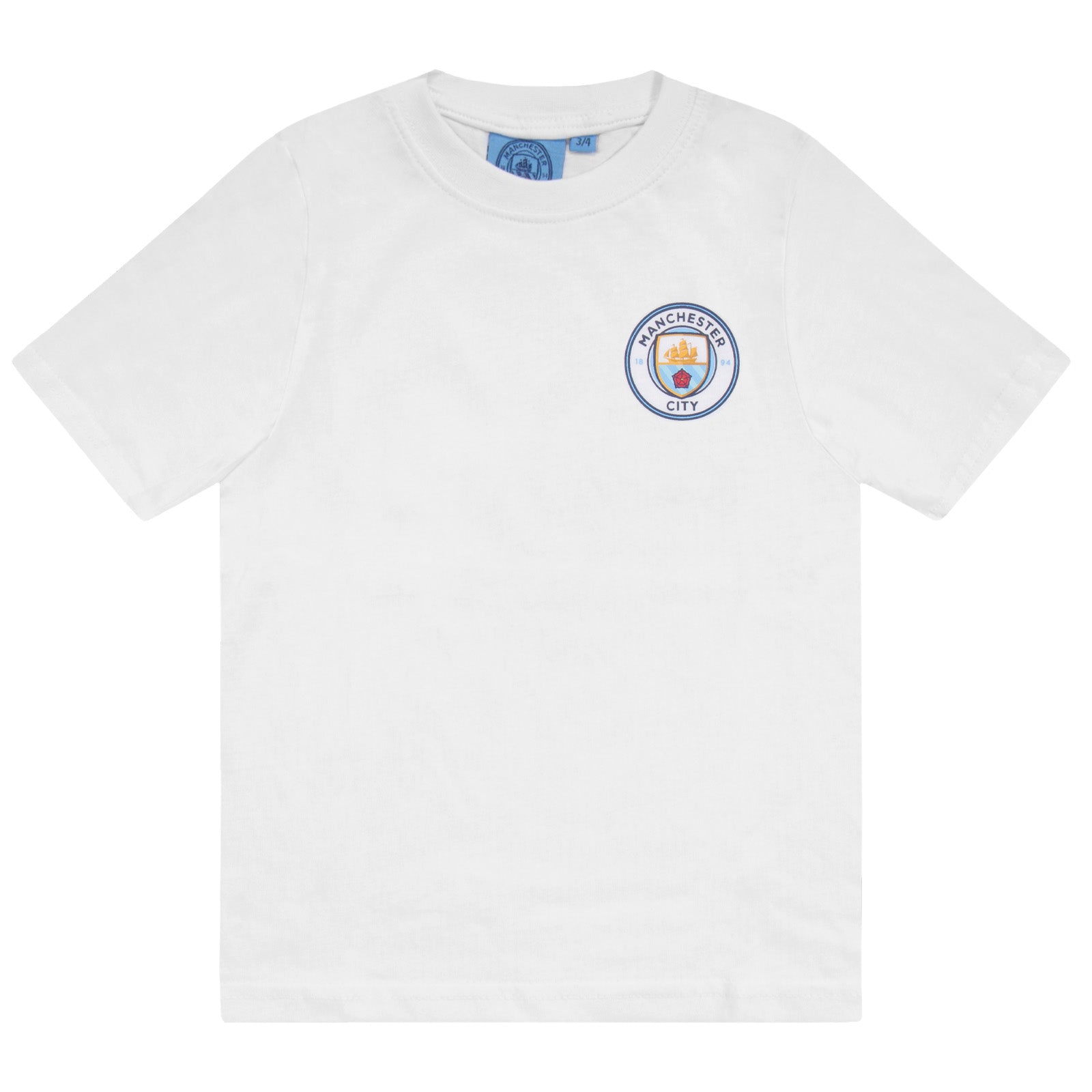Manchester City kids loungewear pyjama set. Short sleeve t-shirt in white with Man City crest to chest. Long pants in sky blue with all-over print of the club crest