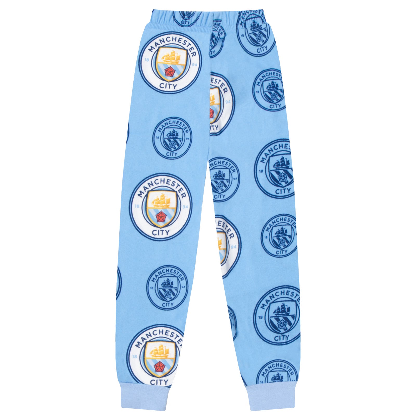 Manchester City kids loungewear pyjama set. Short sleeve t-shirt in white with Man City crest to chest. Long pants in sky blue with all-over print of the club crest