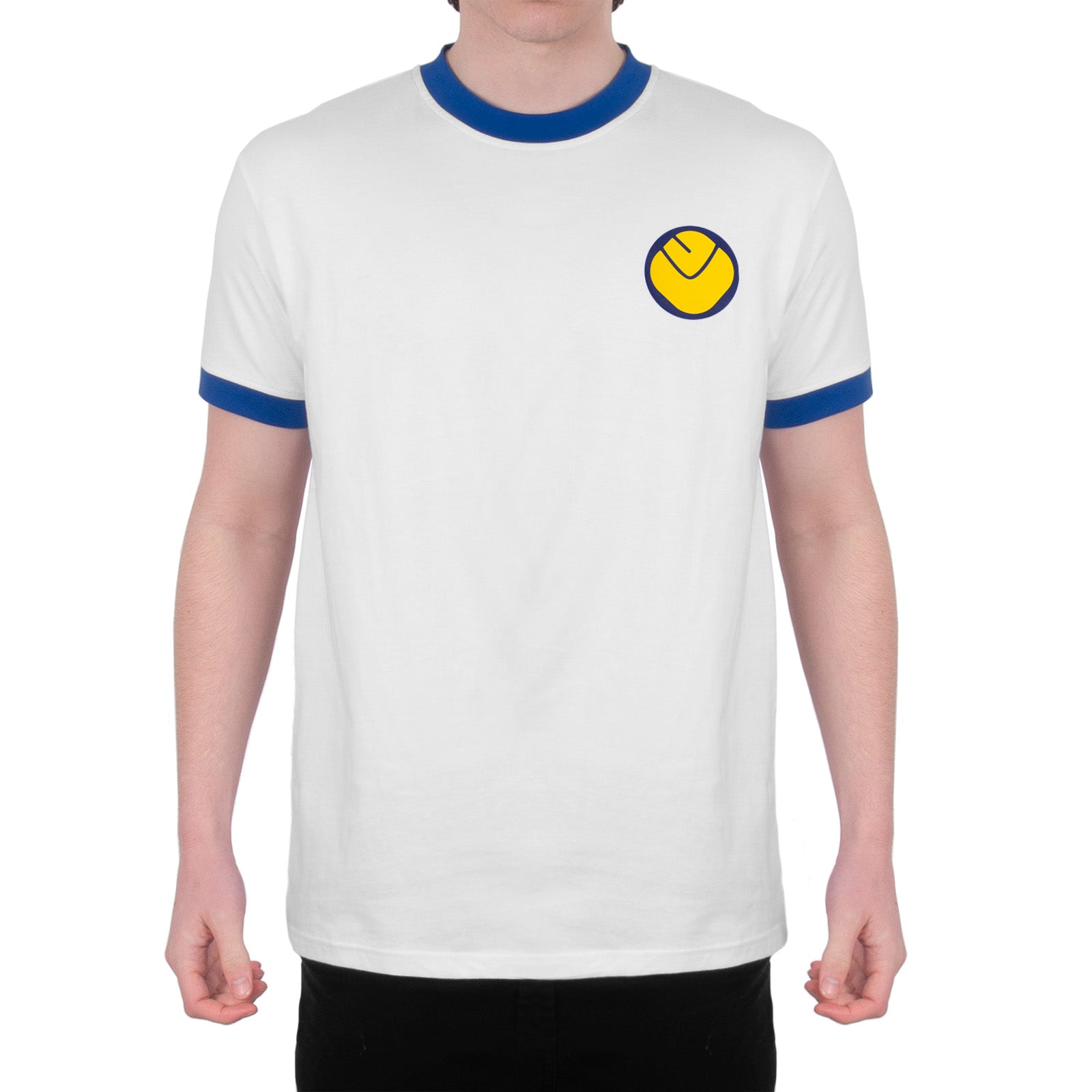 Leeds retro t-shirt in white & royal with printed crest