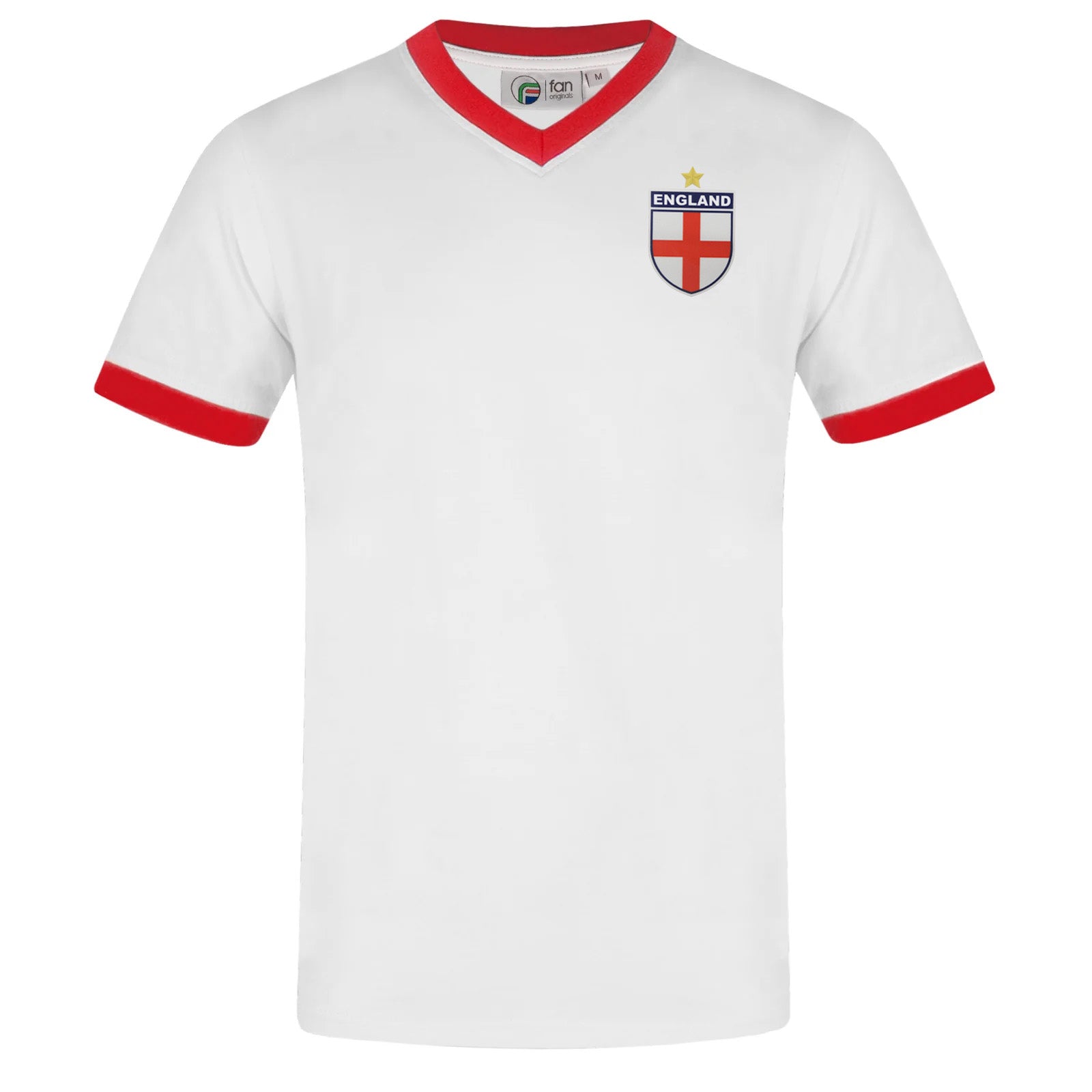 England adults retro ringer v-neck t-shirt in white with contrast red trims and logo to chest