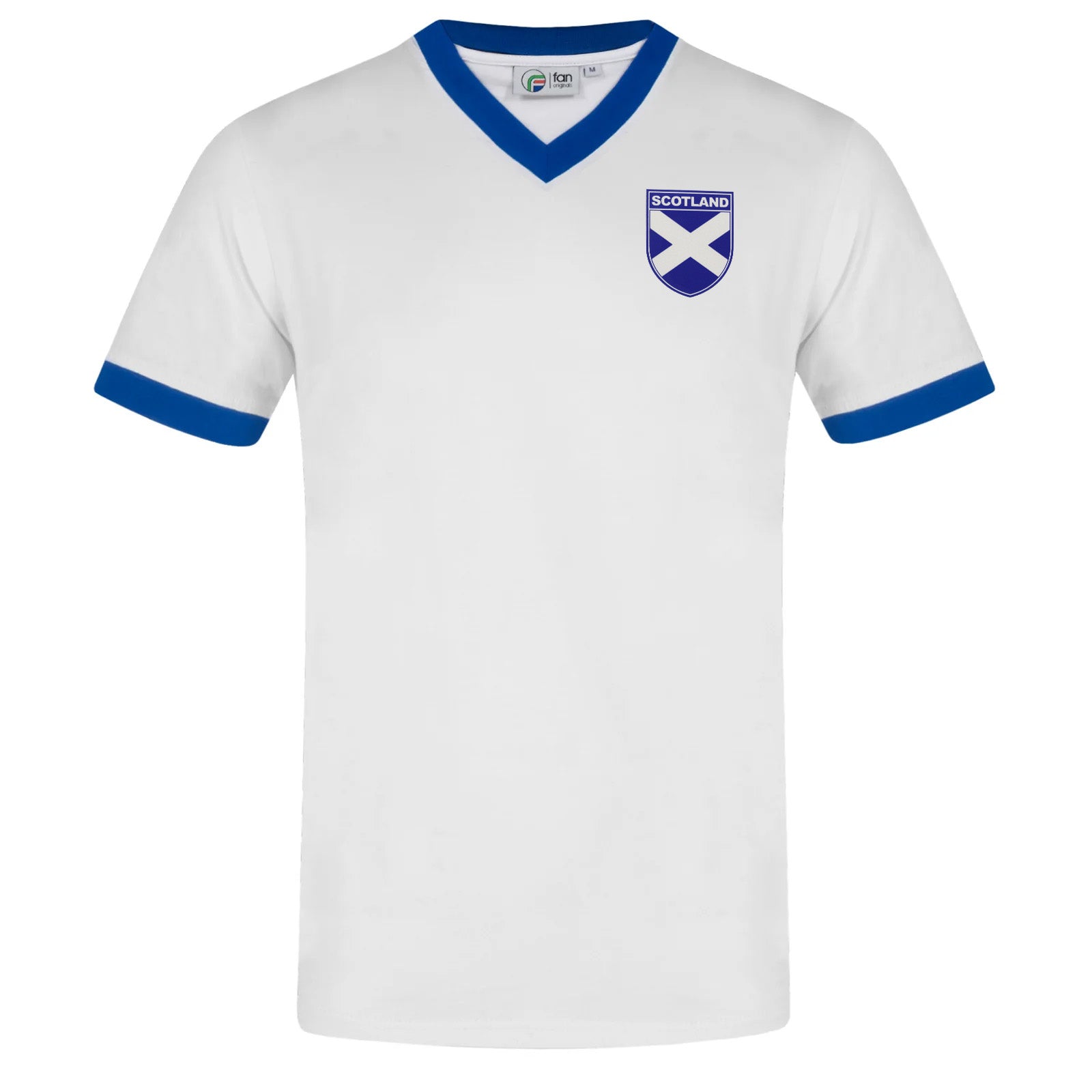 Scotland adults retro ringer v-neck t-shirt in white with contrast blue trims and logo to chest