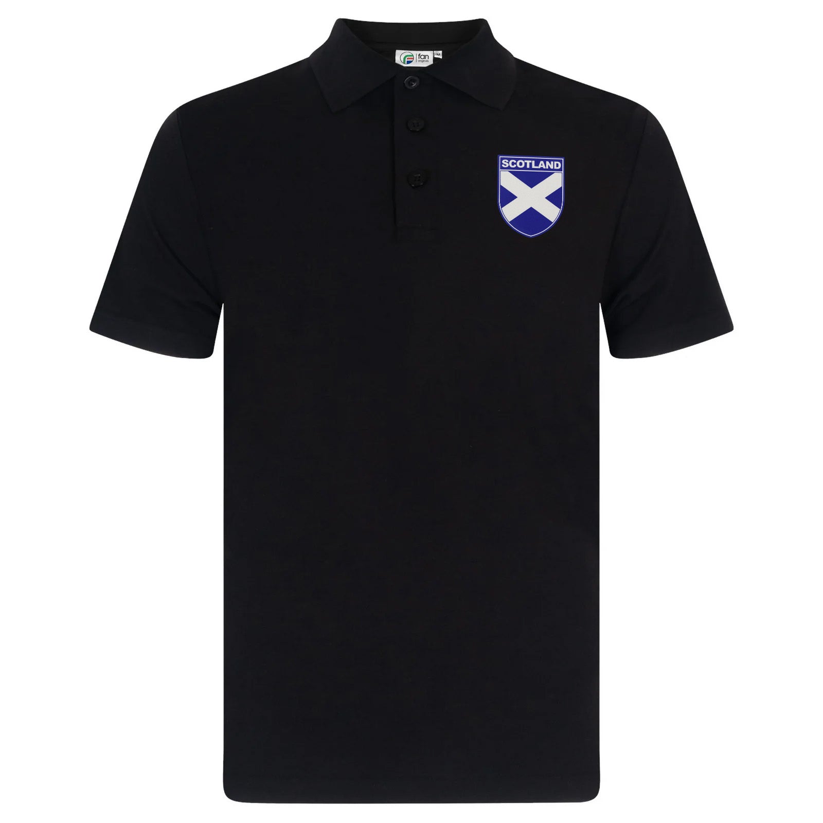 Scotland retro polo shirt in black, navy, royal & white with printed logo on the chest