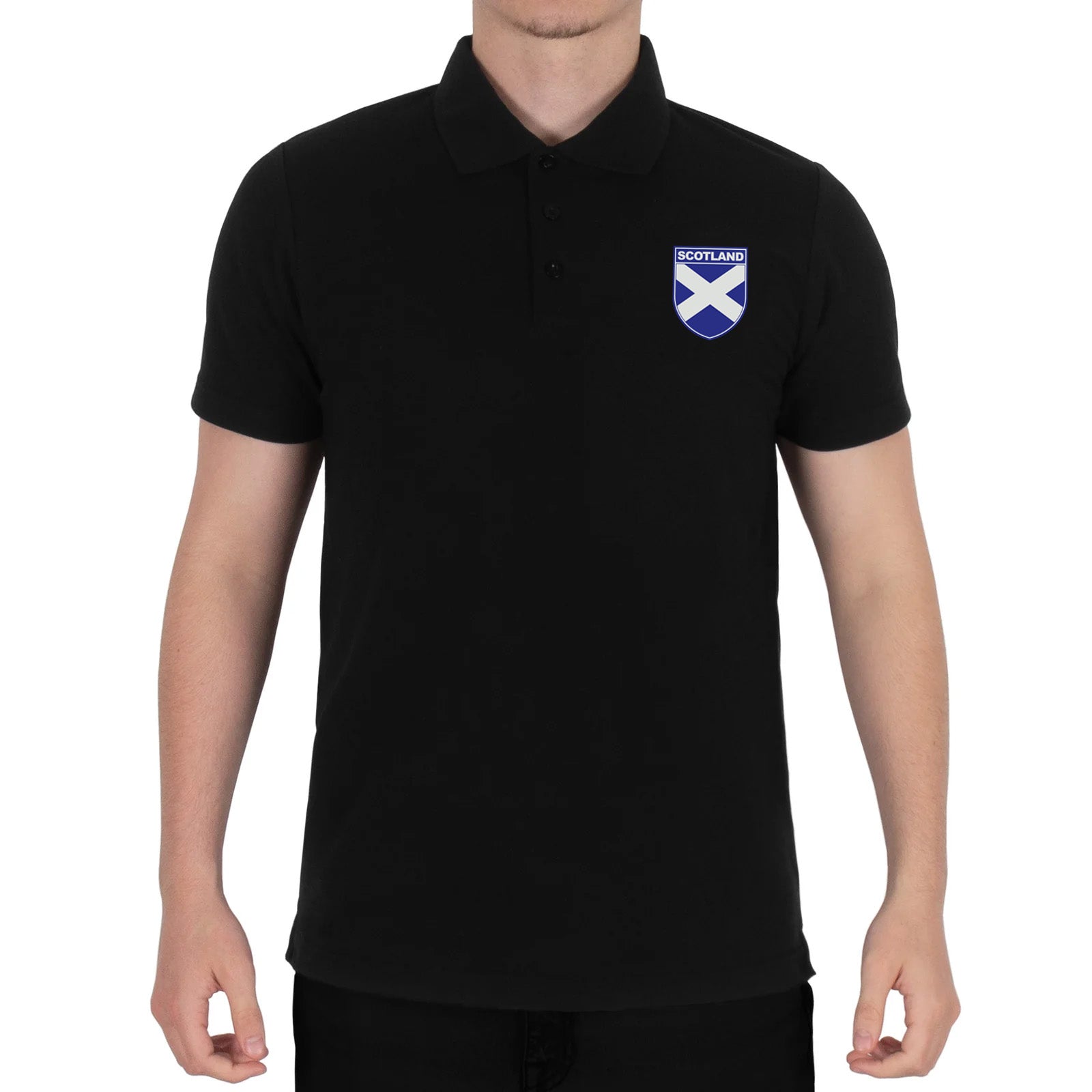 Scotland retro polo shirt in black, navy, royal & white with printed logo on the chest