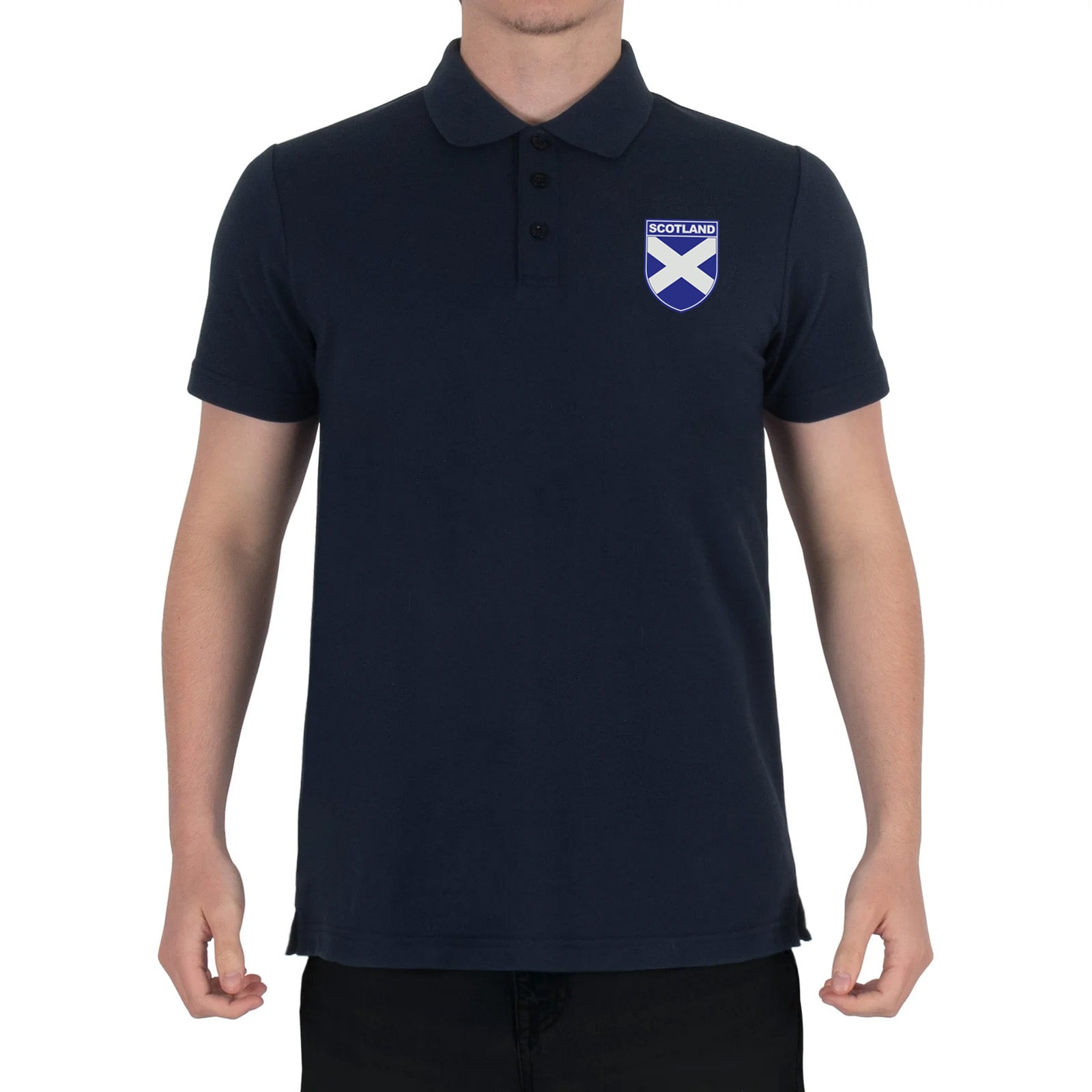 Scotland retro polo shirt in navy with printed saltire logo on the chest