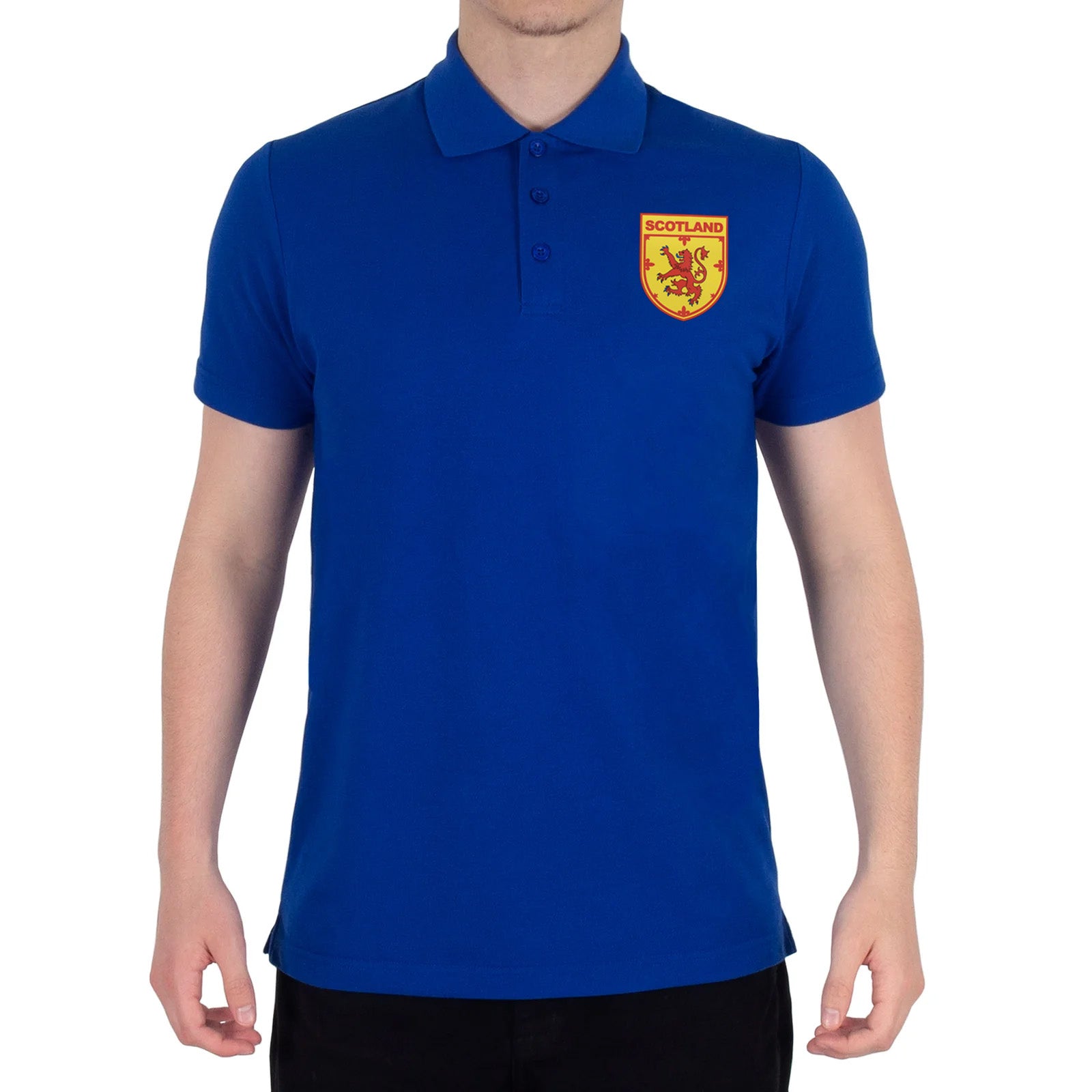 Scotland retro polo shirt in black, navy, royal & white with printed logo on the chest