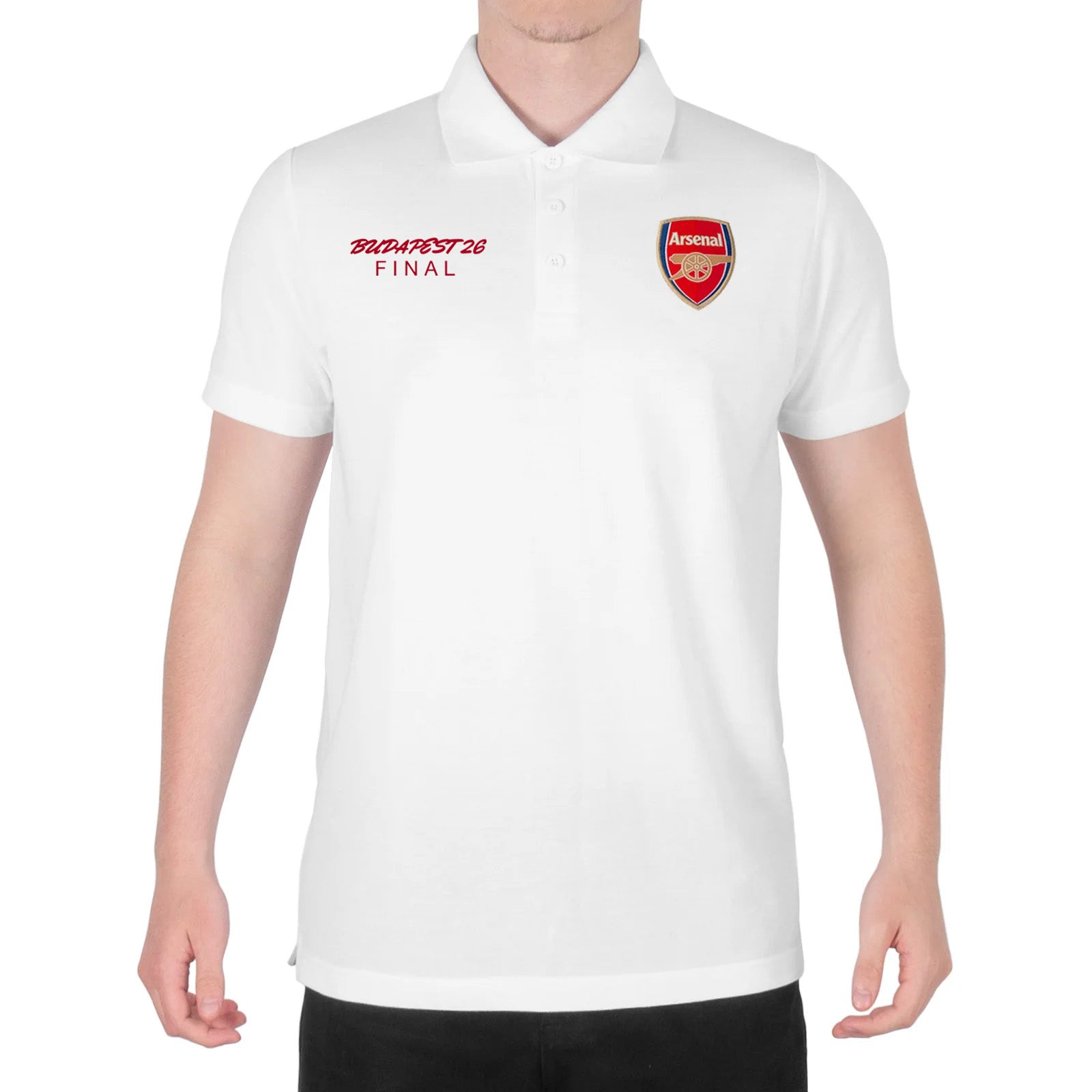 Arsenal polo shirt for adults in white featuring the club crest and budapest 2026 graphic to the chest