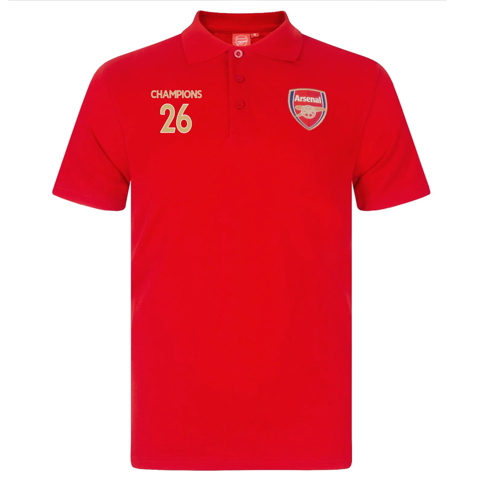 Arsenal polo shirt for adults in red featuring the club crest and Champions 2026 graphic to the chest