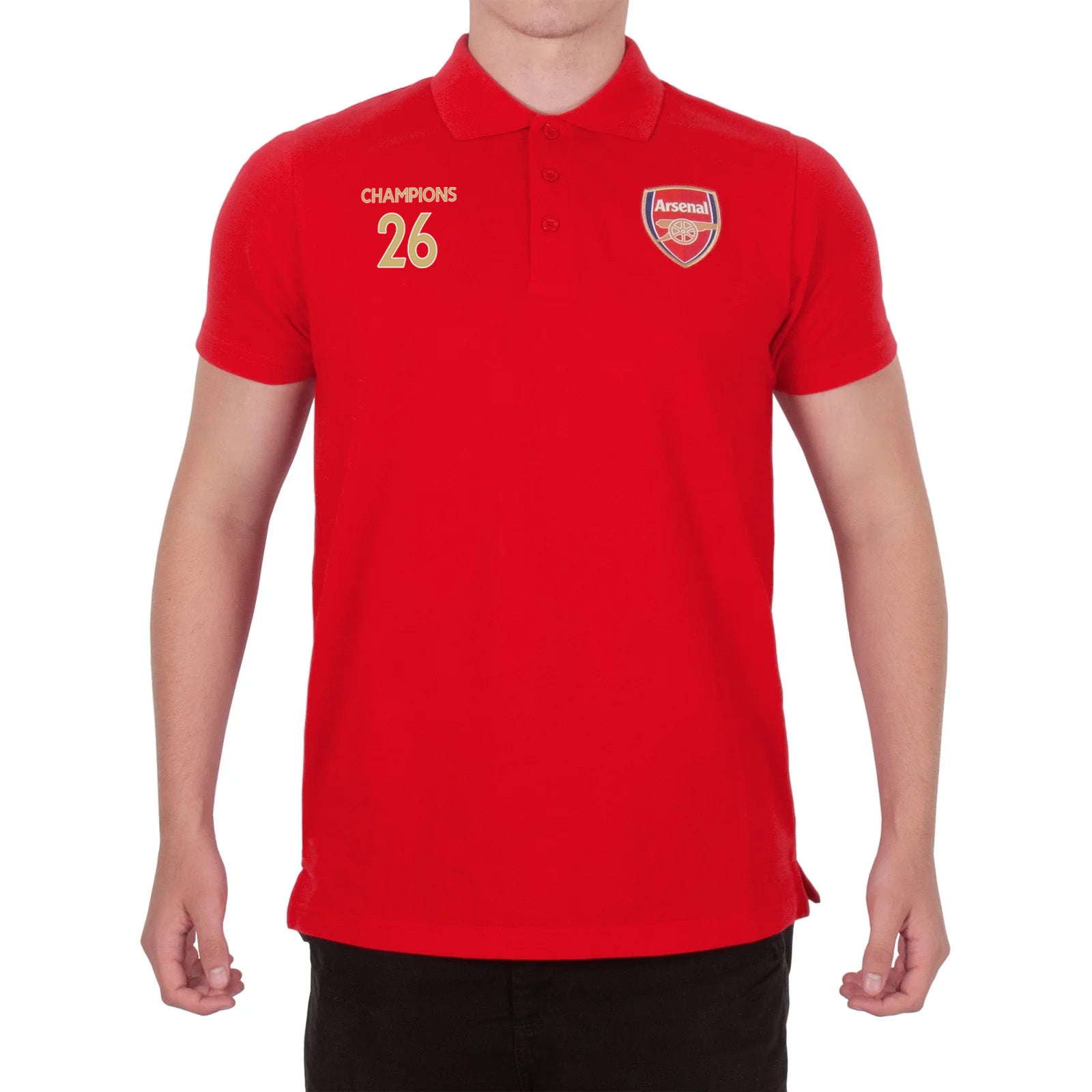 Arsenal polo shirt for adults in red featuring the club crest and Champions 2026 graphic to the chest