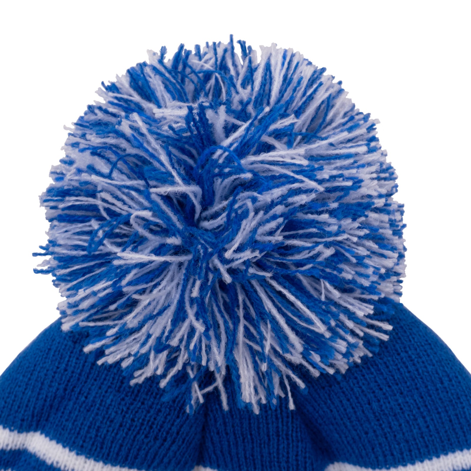 Chelsea bobble hat in royal blue with club lion logo and text to the front