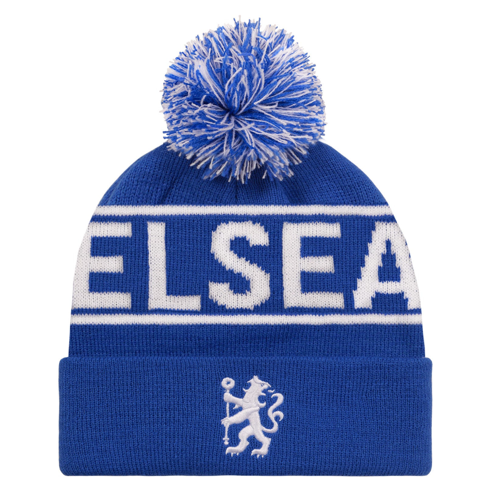 Chelsea bobble hat in royal blue with club lion logo and text to the front
