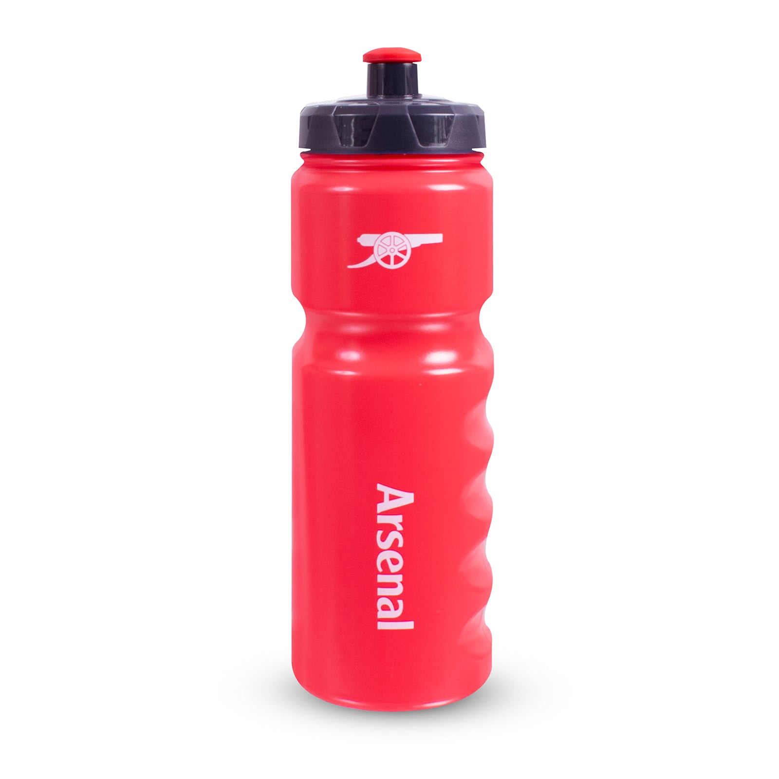 Arsenal 750ml reusable plastic sports water bottle in red, featuring club crest and text, with screw-on lid and push/pull drinking top