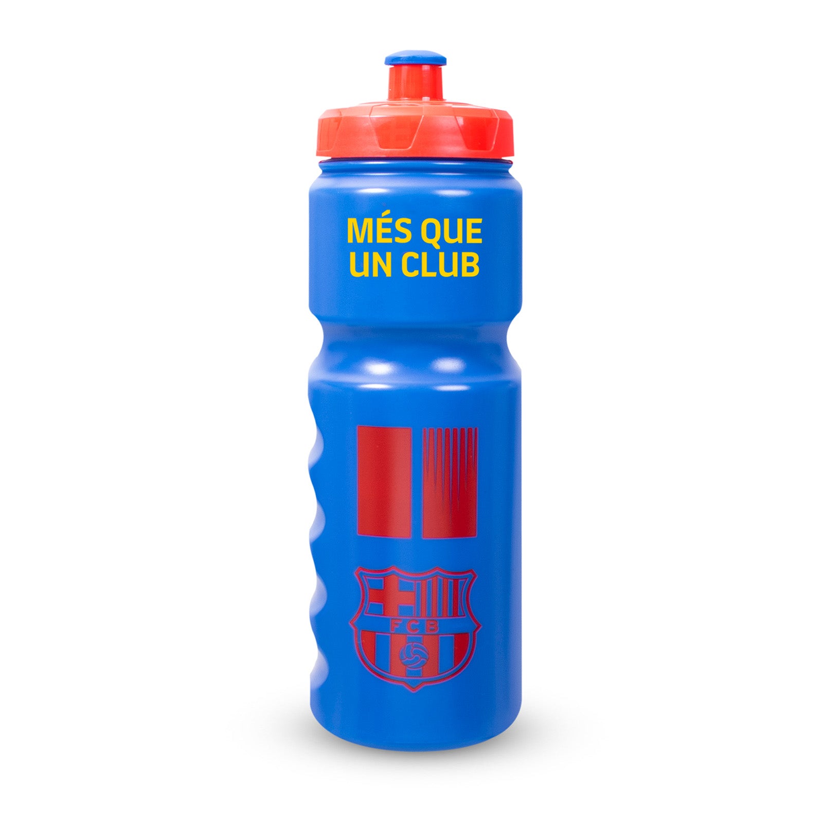 FC Barcelona 750ml reusable plastic sports water bottle in blue, featuring club crest and text, with screw-on lid and push/pull drinking top