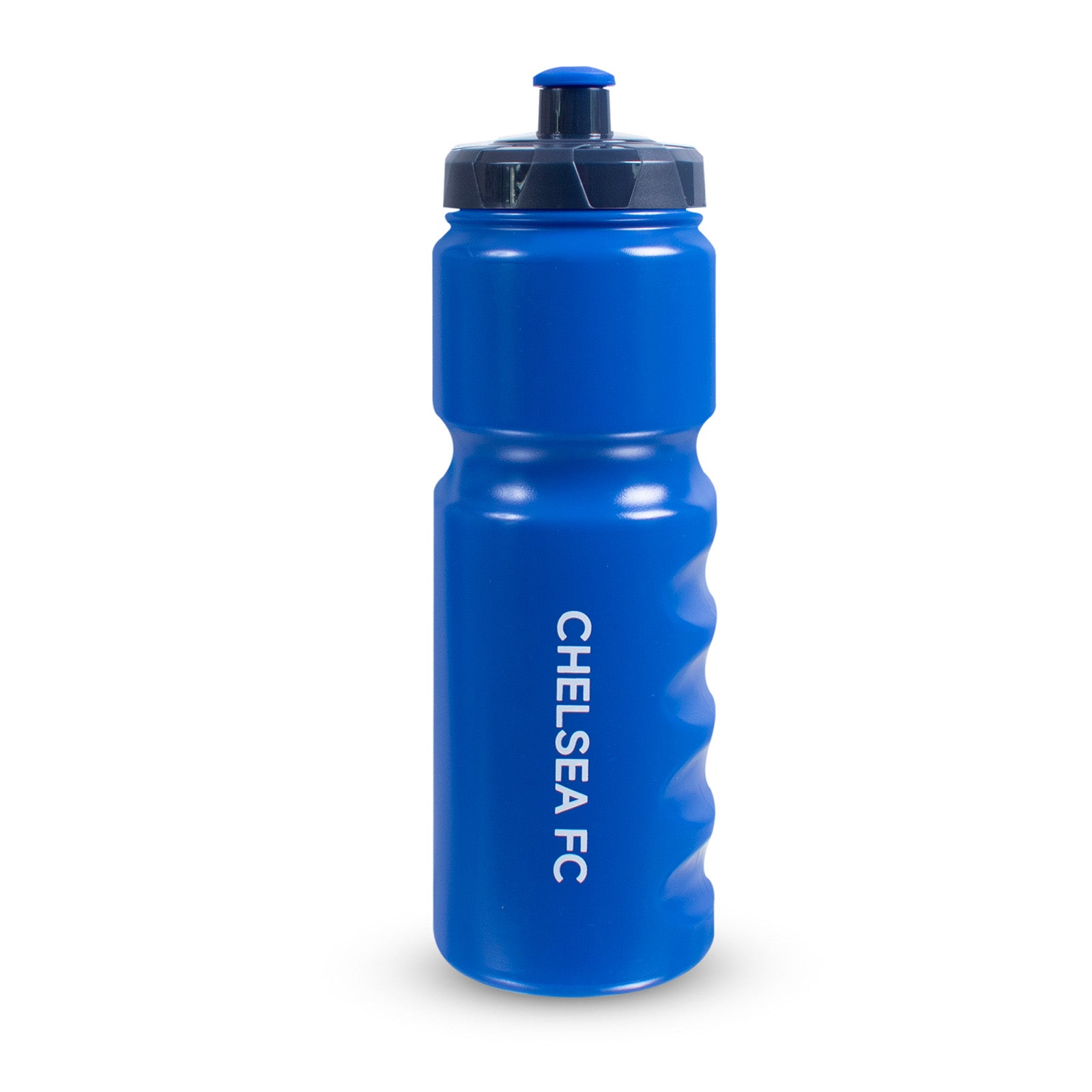 Chelsea 750ml reusable plastic sports water bottle in royal blue, featuring club crest and text, with screw-on lid and push/pull drinking top