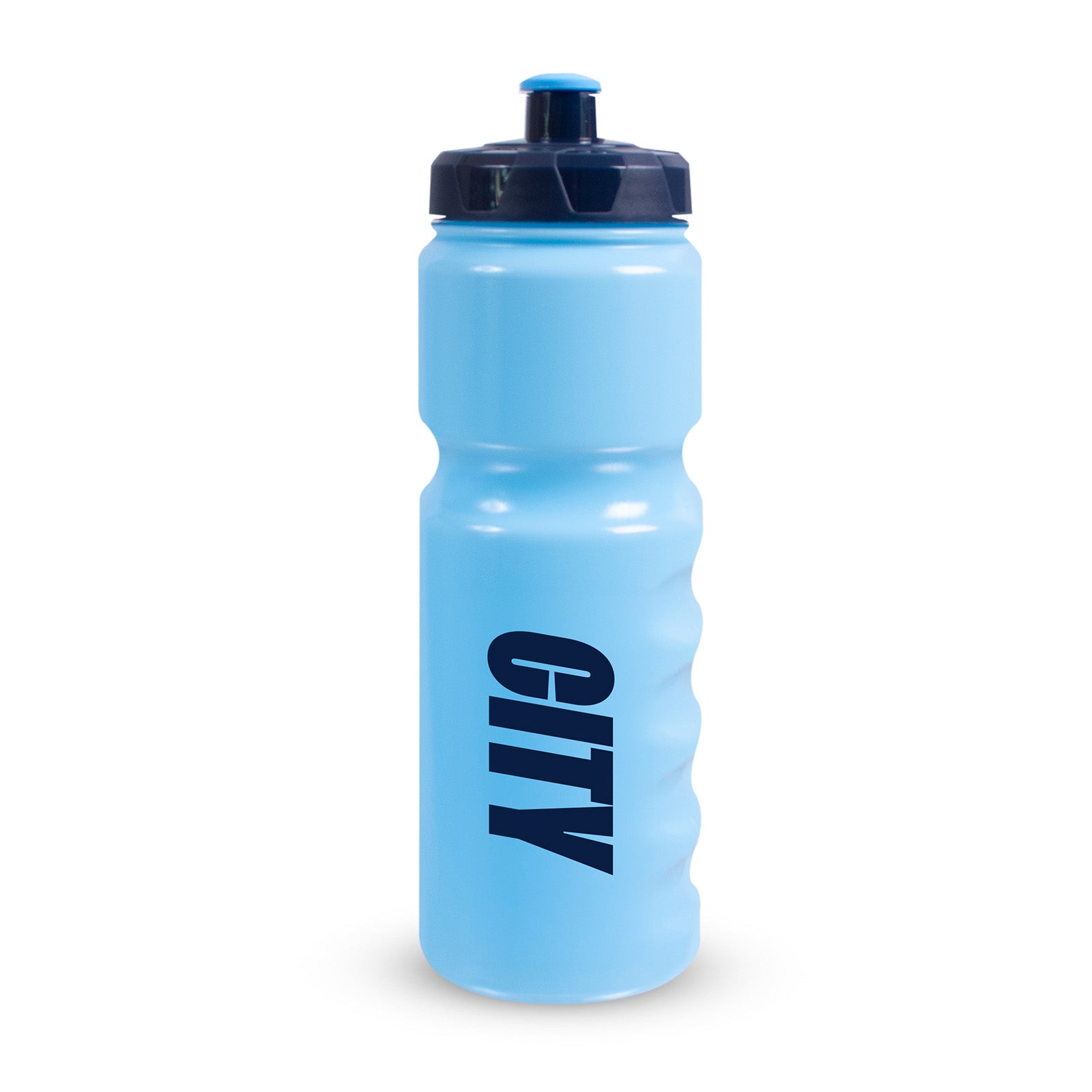 Manchester City 750ml reusable plastic sports water bottle in sky blue, featuring club crest and text, with screw-on lid and push/pull drinking top