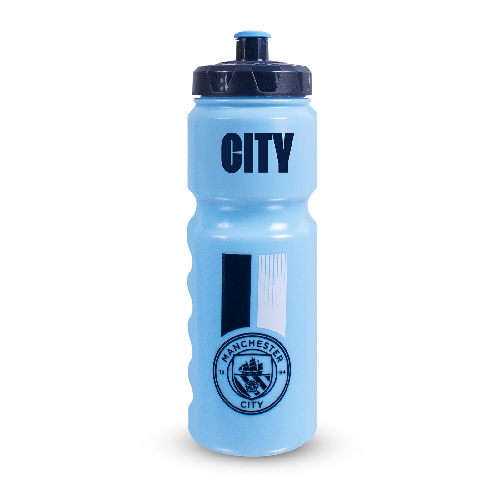 Manchester City 750ml reusable plastic sports water bottle in sky blue, featuring club crest and text, with screw-on lid and push/pull drinking top
