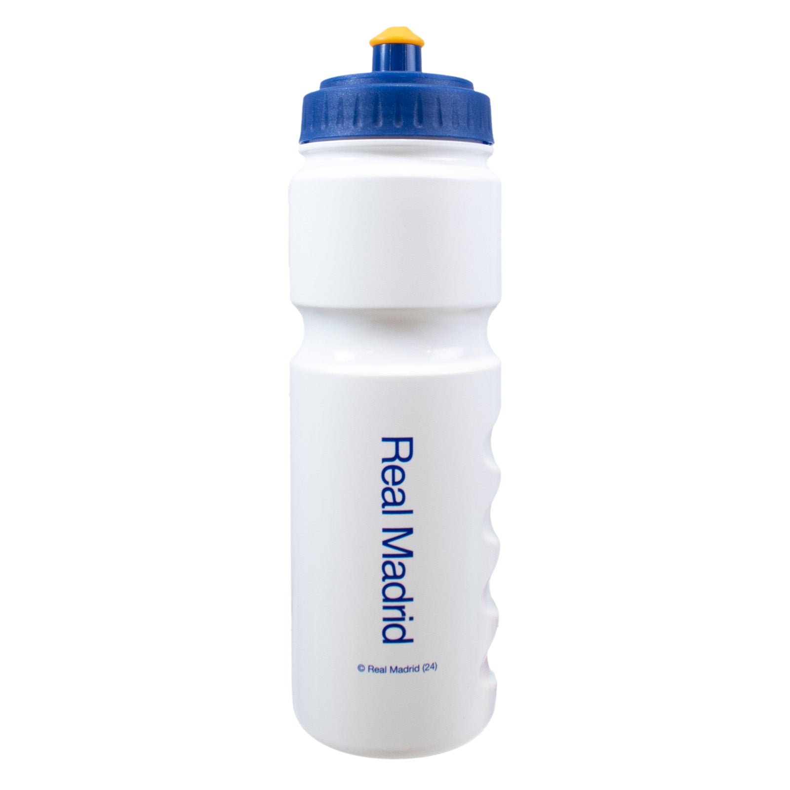 Real Madrid 750ml reusable plastic sports water bottle in White, featuring club crest and text, with screw-on lid and push/pull drinking top