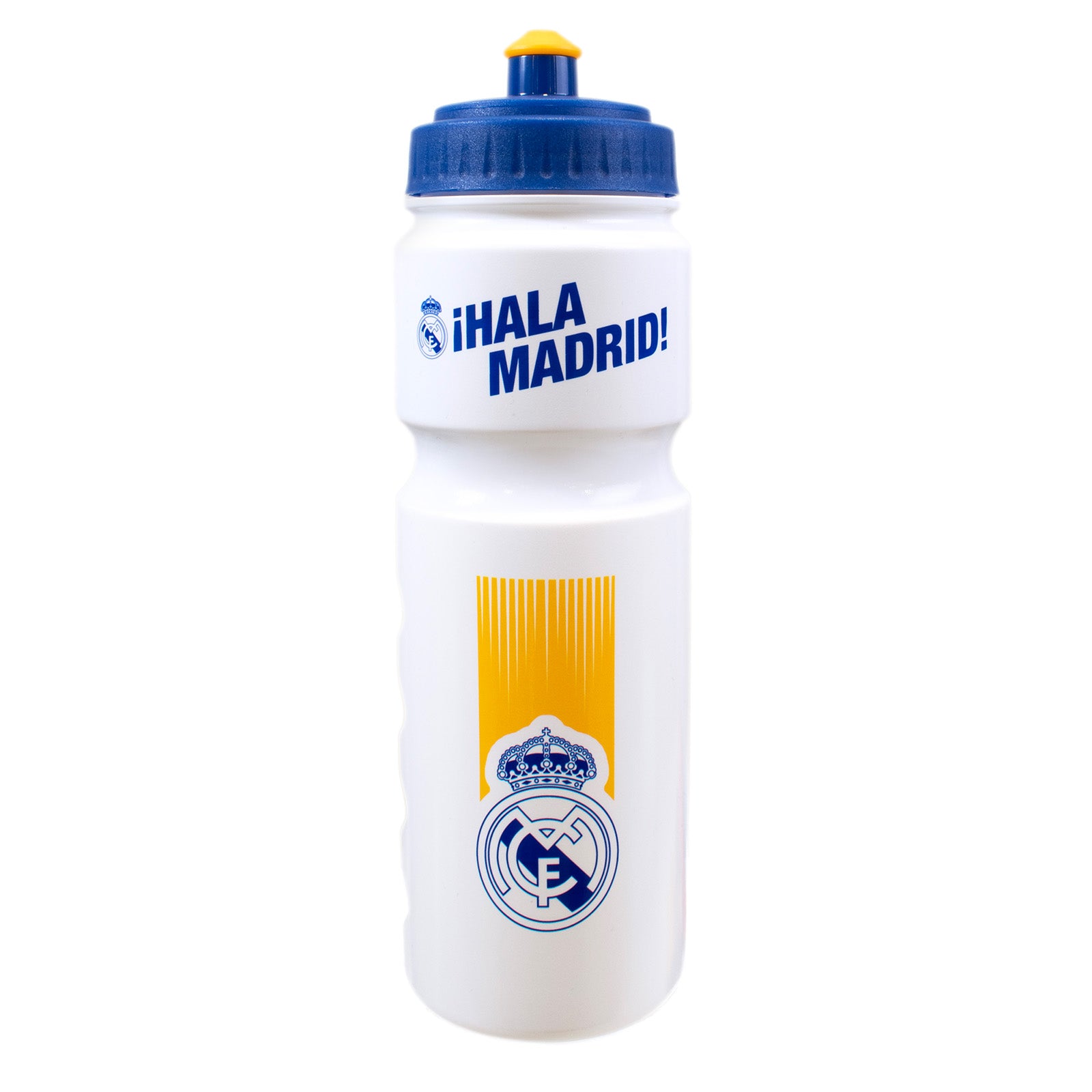 Real Madrid 750ml reusable plastic sports water bottle in White, featuring club crest and text, with screw-on lid and push/pull drinking top