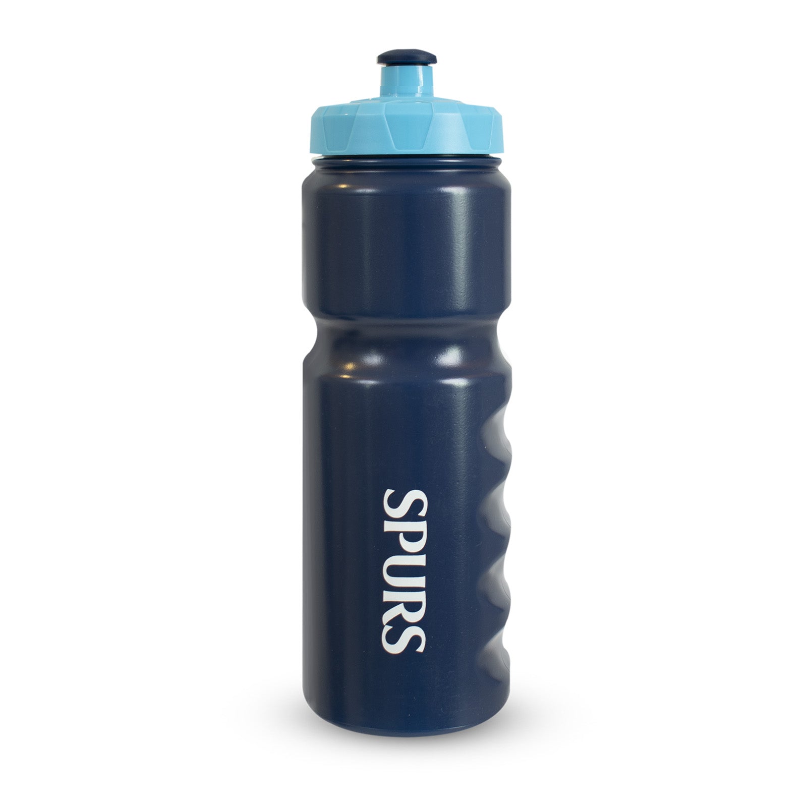 Tottenham Hotspur 750ml reusable plastic sports water bottle in navy blue, featuring club crest and text, with screw-on lid and push/pull drinking top
