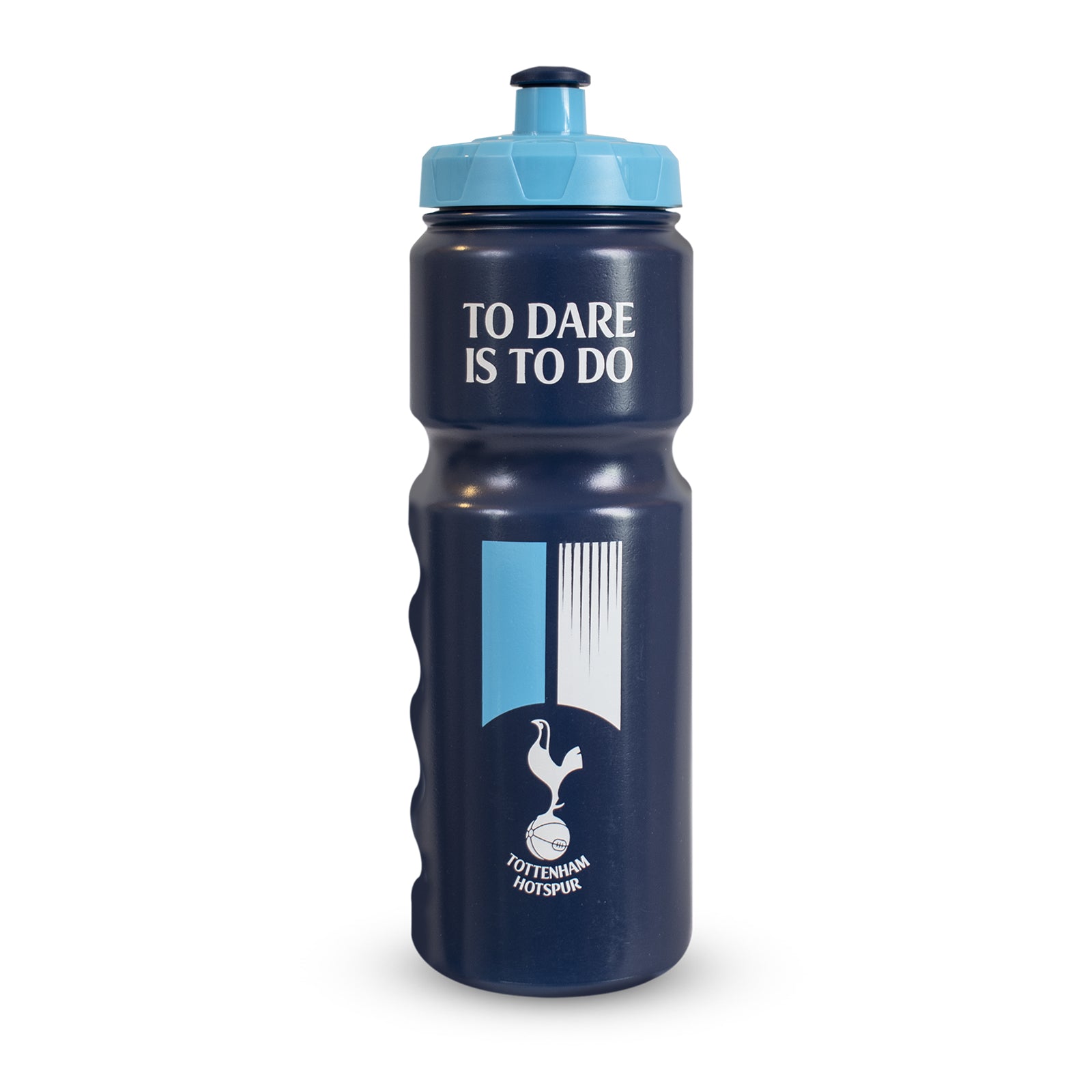 Tottenham Hotspur 750ml reusable plastic sports water bottle in navy blue, featuring club crest and text, with screw-on lid and push/pull drinking top