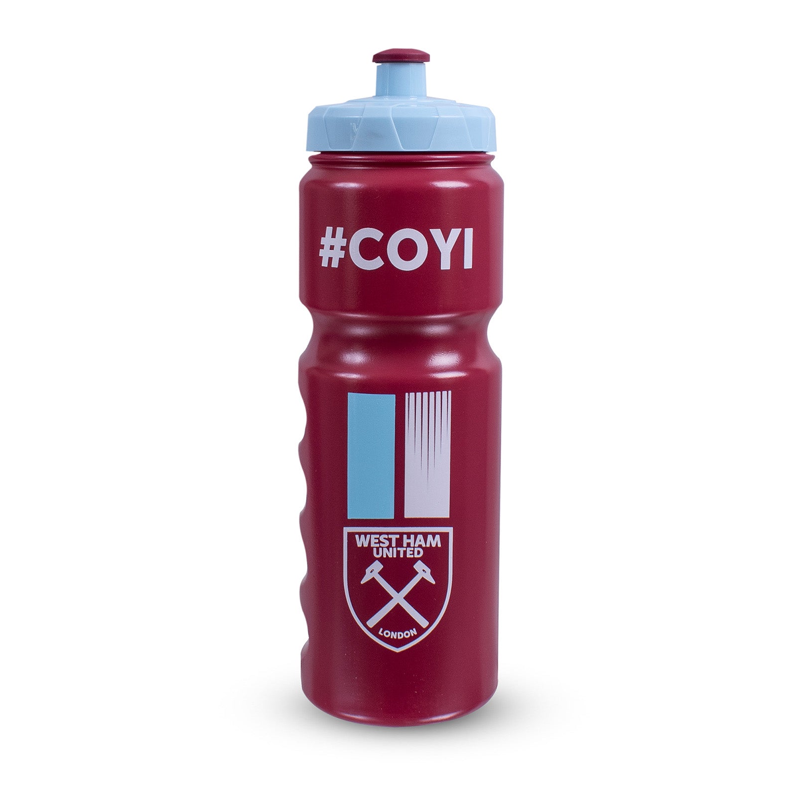 West Ham United 750ml reusable plastic sports water bottle in claret and blue, featuring club crest and text, with screw-on lid and push/pull drinking top