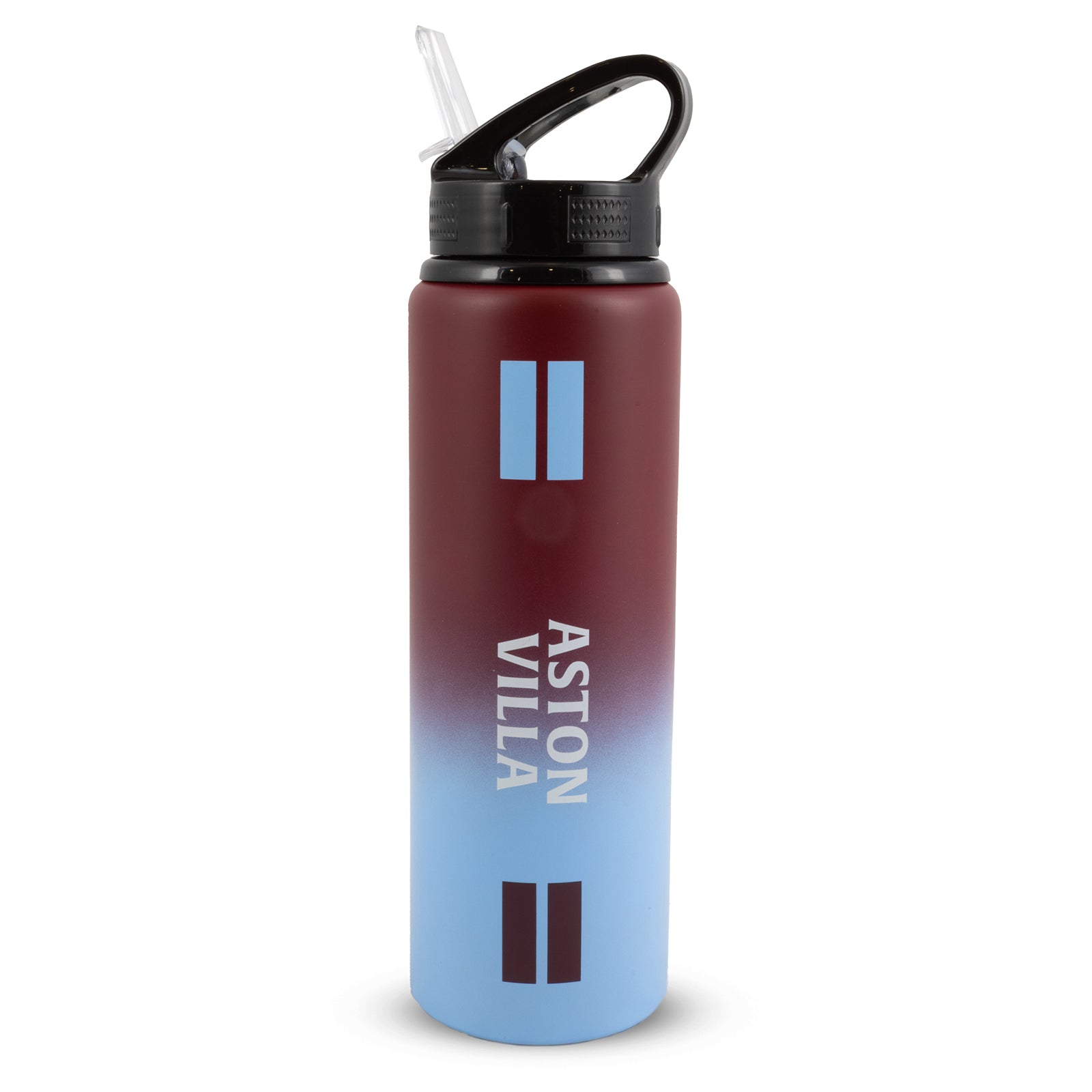 Aston Villa 750ml reusable aluminium sports water bottle in claret and blue, featuring a carry handle, screw-on lid and integrated folding straw