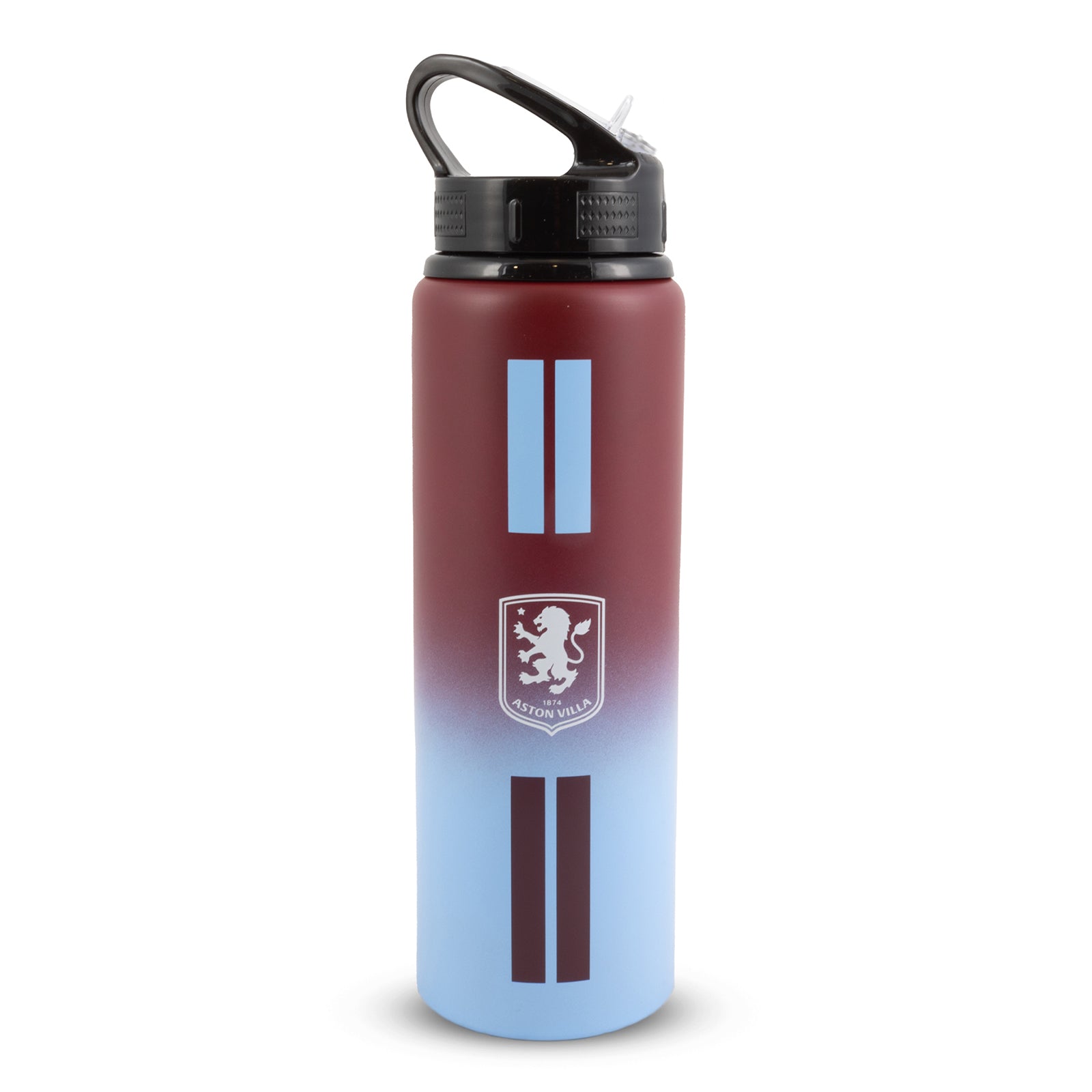 Aston Villa 750ml reusable aluminium sports water bottle in claret and blue, featuring a carry handle, screw-on lid and integrated folding straw