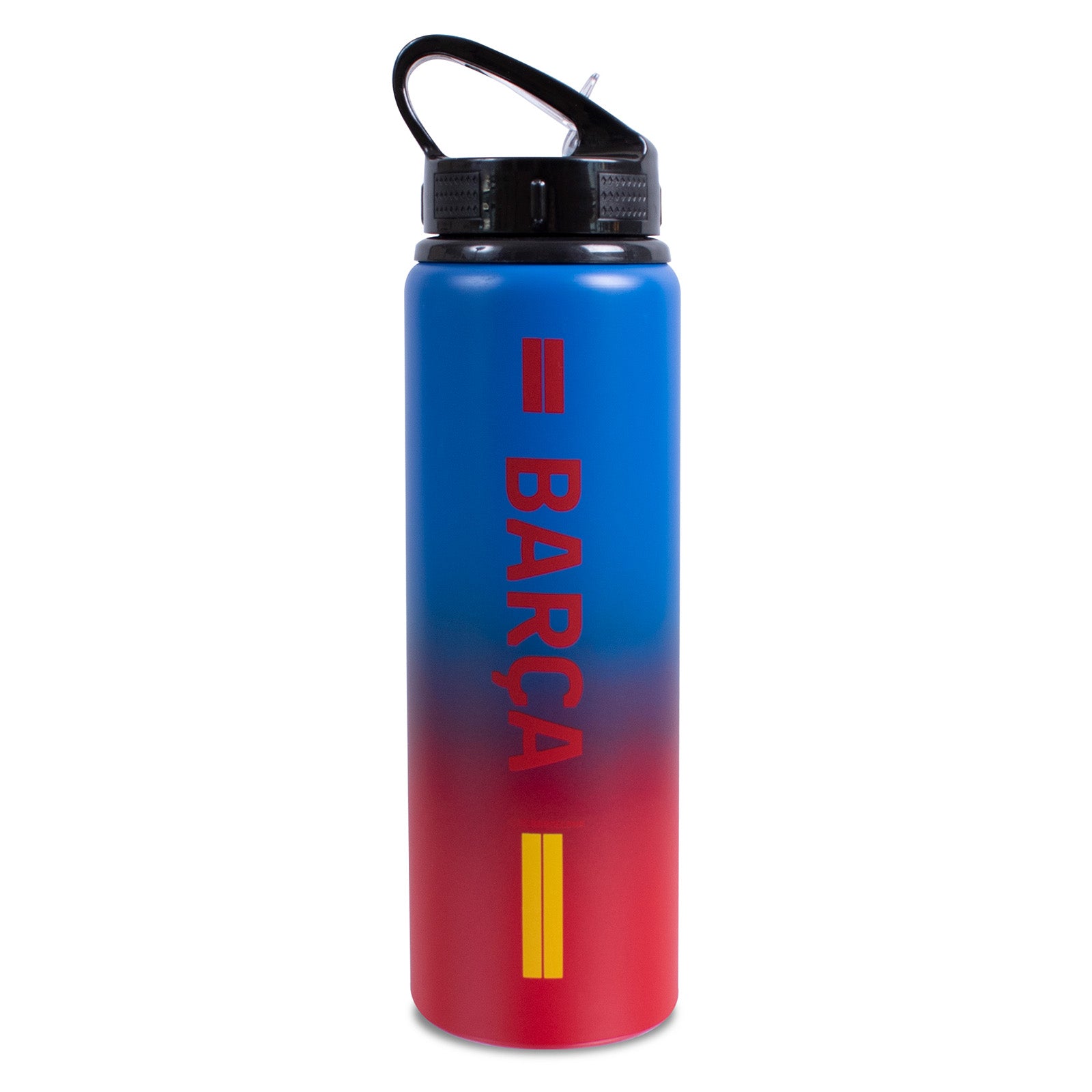 FC Barcelona 750ml reusable aluminium sports water bottle in blue, featuring a carry handle, screw-on lid and integrated folding straw
