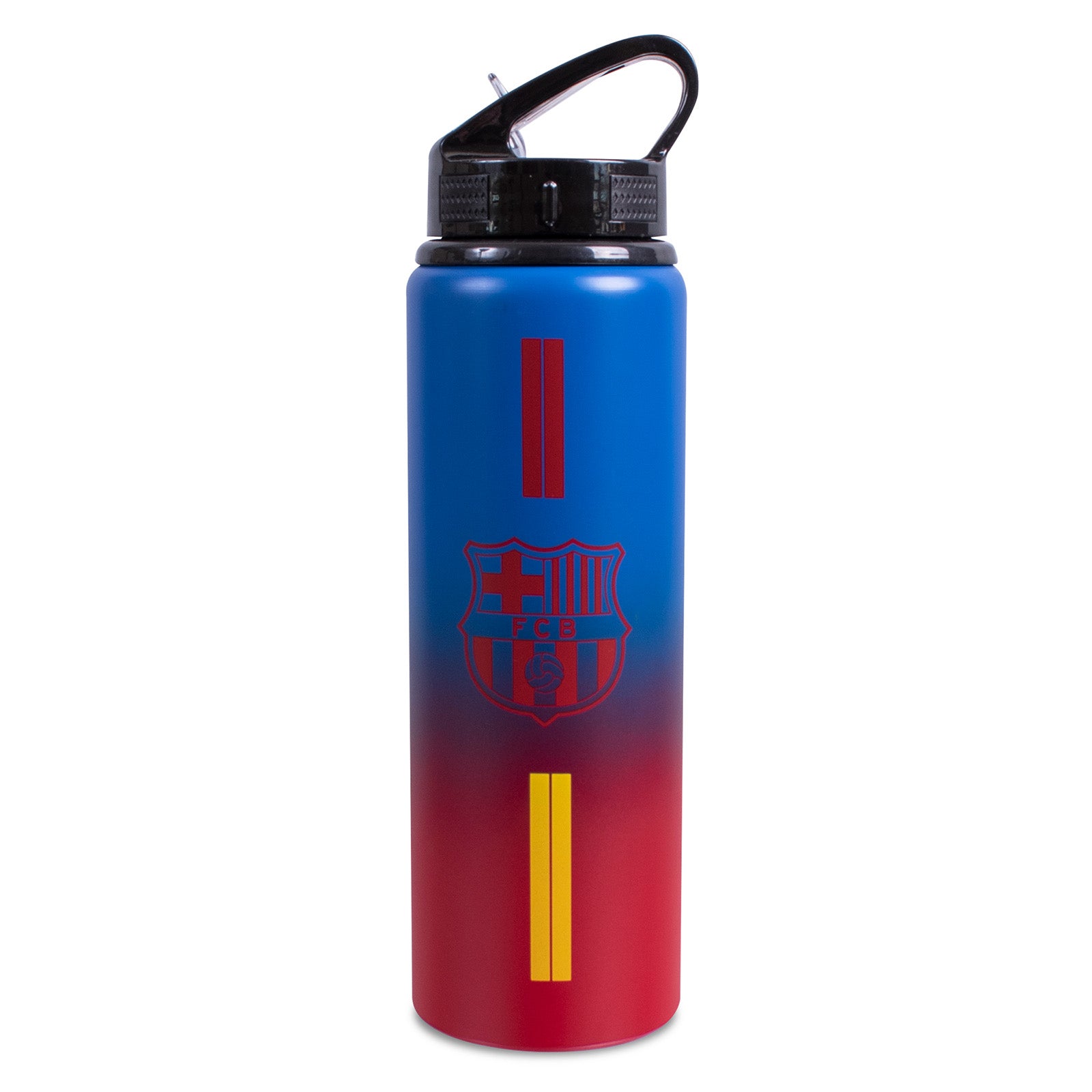 FC Barcelona 750ml reusable aluminium sports water bottle in blue, featuring a carry handle, screw-on lid and integrated folding straw