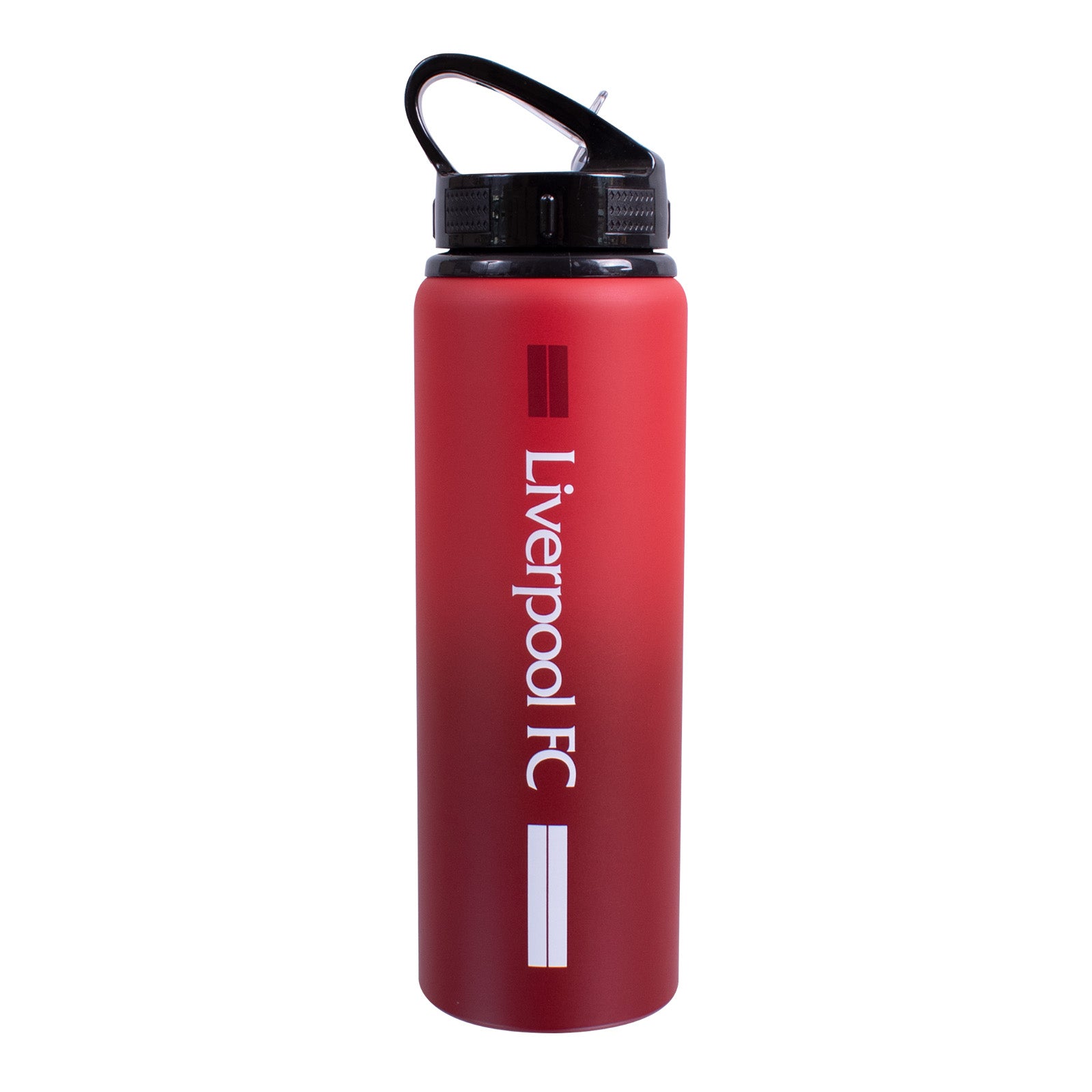 Liverpool 750ml reusable aluminium sports water bottle in red, featuring a carry handle, screw-on lid and integrated folding straw
