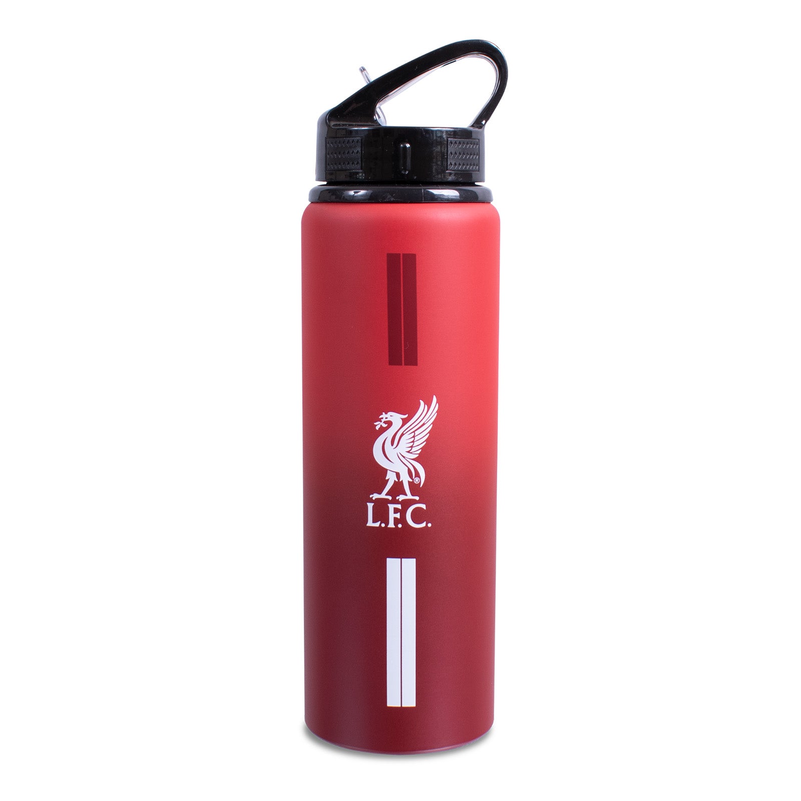 Liverpool 750ml reusable aluminium sports water bottle in red, featuring a carry handle, screw-on lid and integrated folding straw