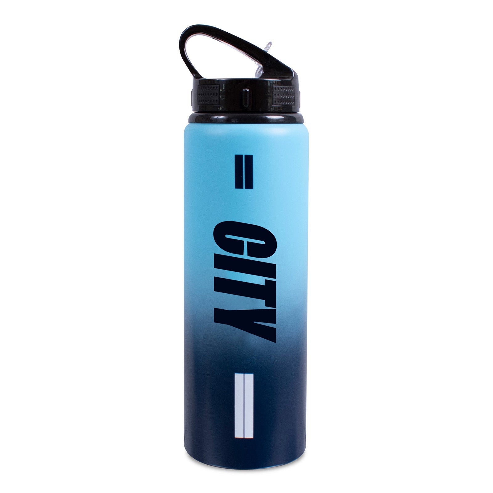 Manchester City 750ml reusable aluminium sports water bottle in blue, featuring a carry handle, screw-on lid and integrated folding straw