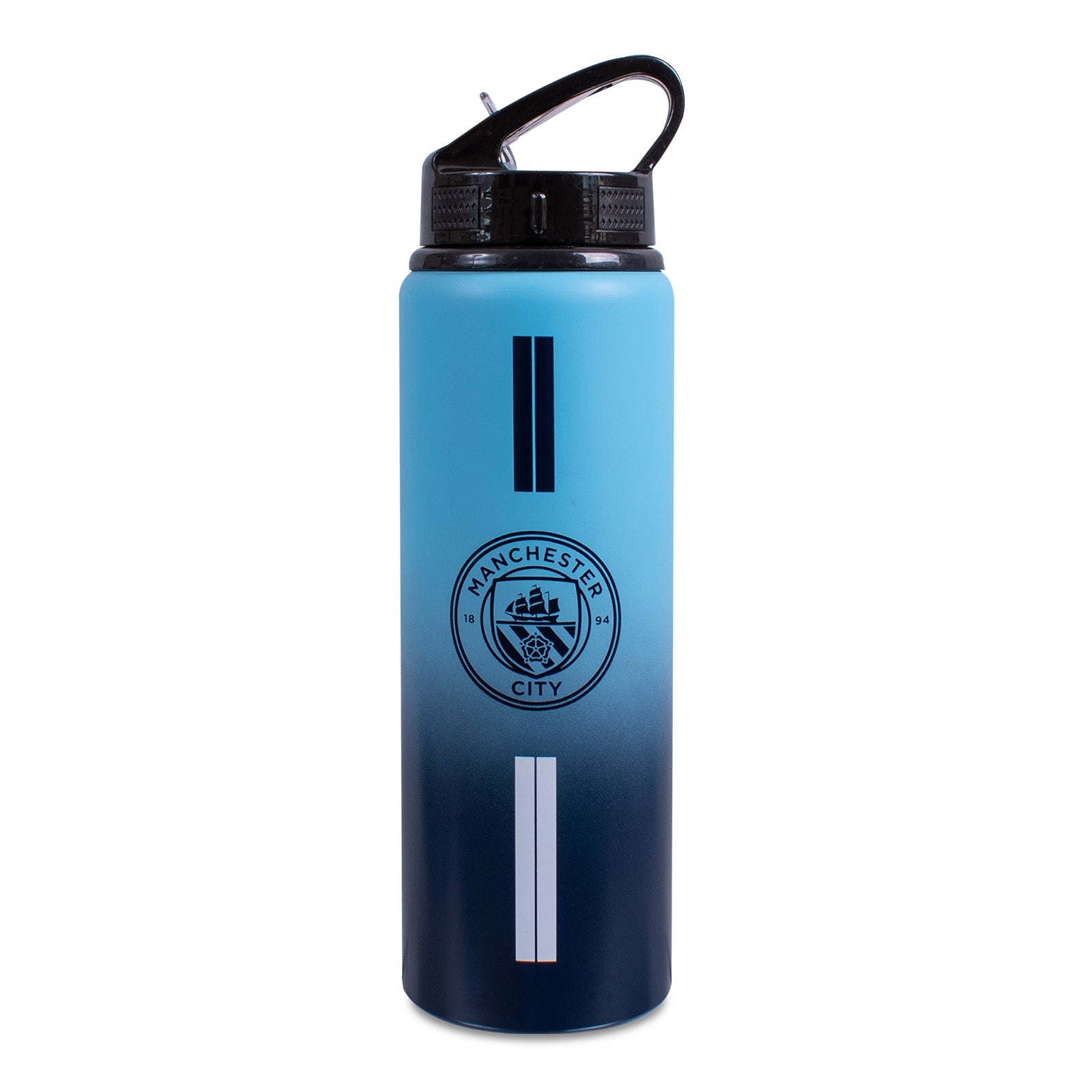 Manchester City 750ml reusable aluminium sports water bottle in blue, featuring a carry handle, screw-on lid and integrated folding straw