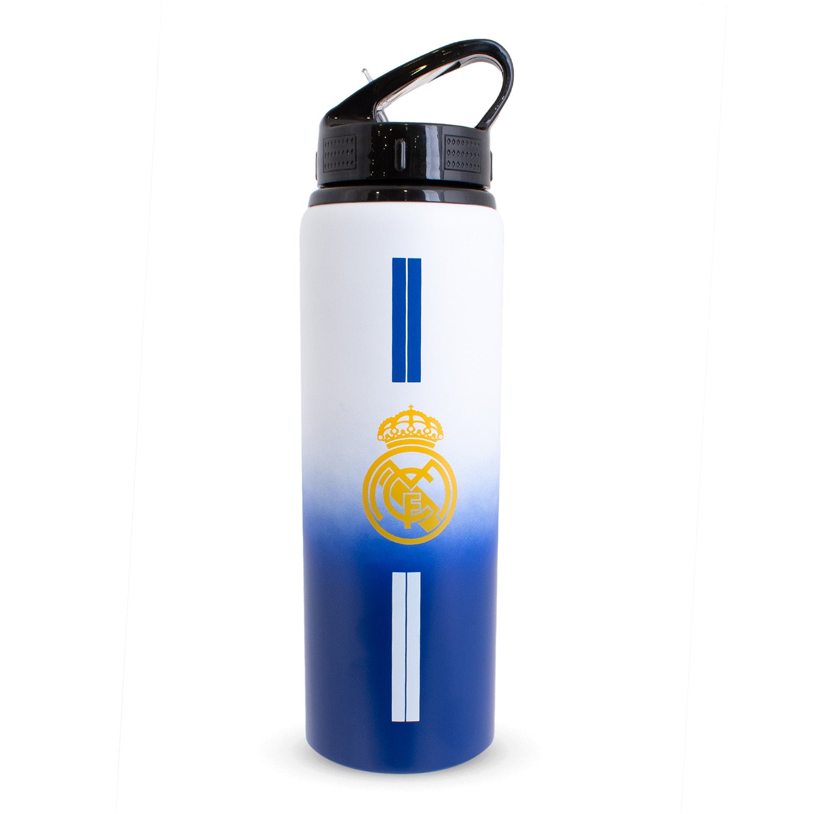 Real Madrid 750ml reusable aluminium sports water bottle in White, featuring a carry handle, screw-on lid and integrated folding straw