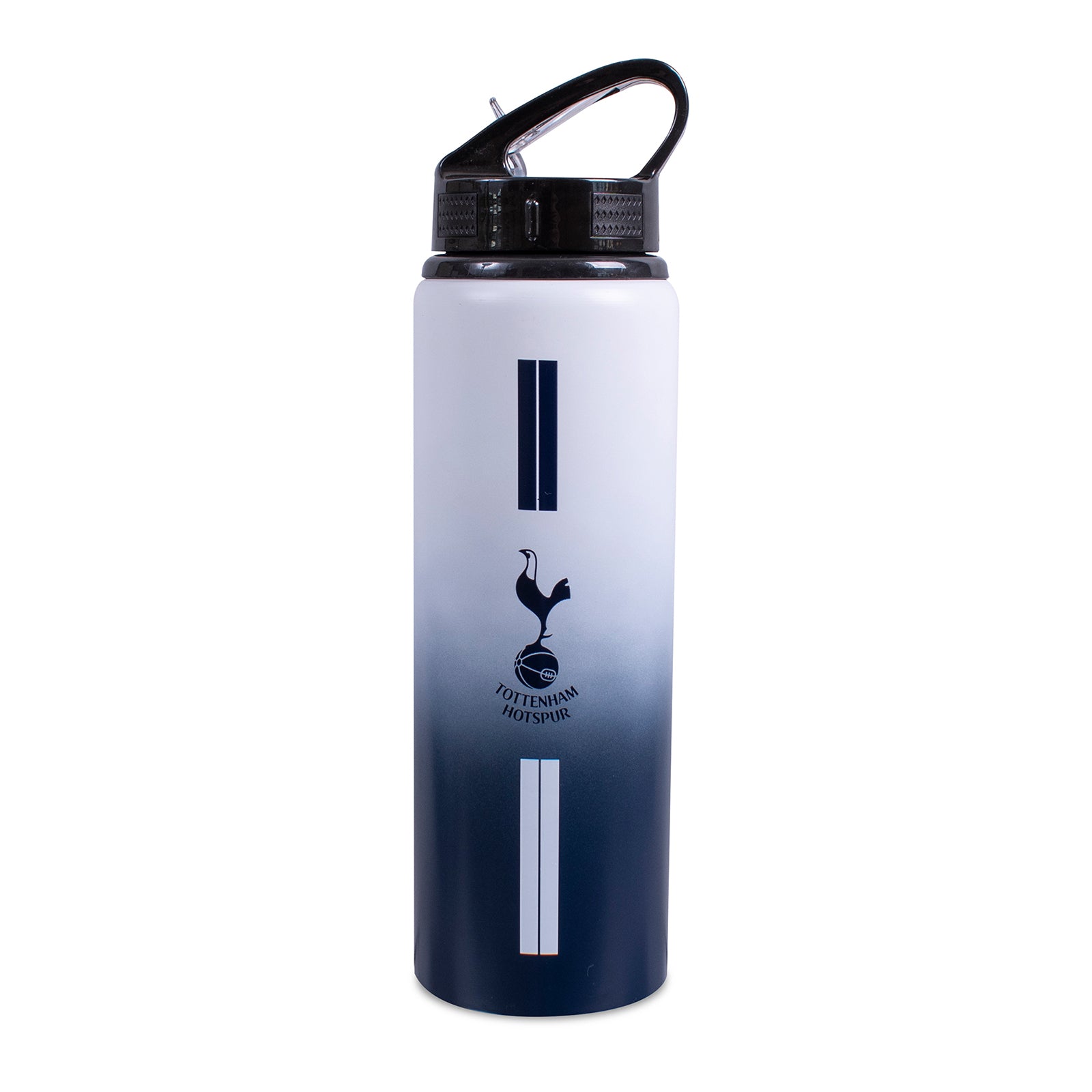 Tottenham Hotspur 750ml reusable aluminium sports water bottle in white, featuring a carry handle, screw-on lid and integrated folding straw