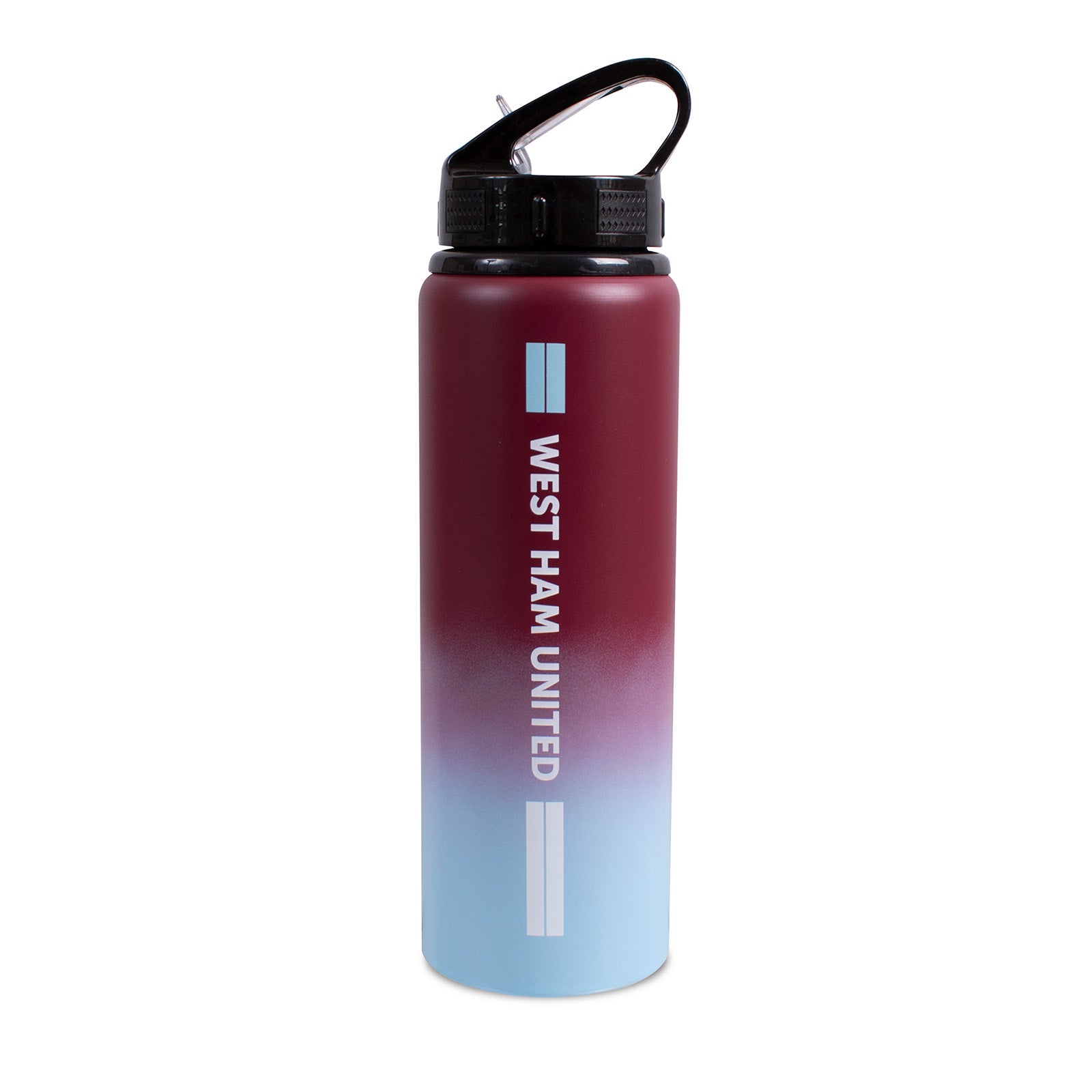 West Ham United 750ml reusable aluminium sports water bottle in claret and blue, featuring a carry handle, screw-on lid and integrated folding straw