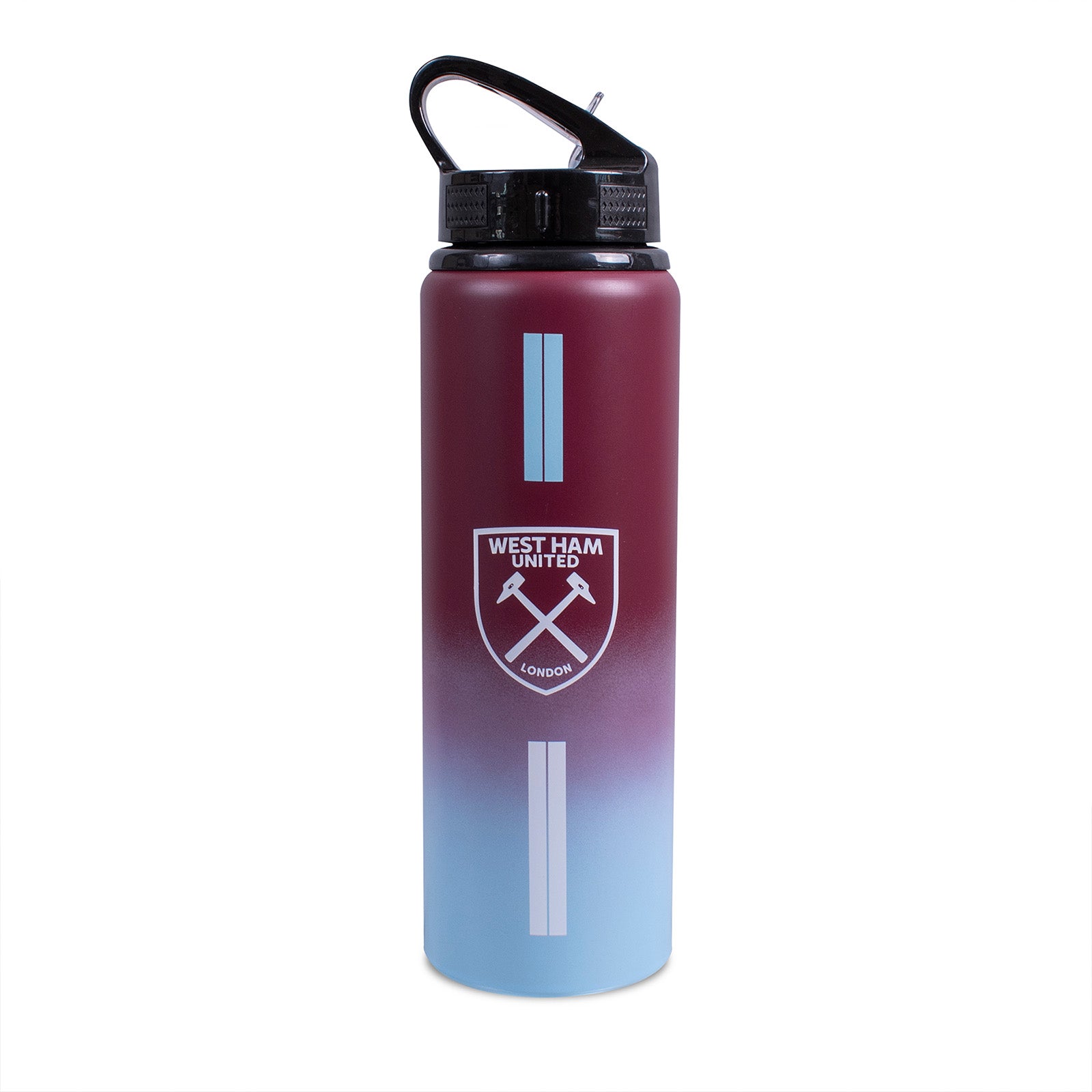 West Ham United 750ml reusable aluminium sports water bottle in claret and blue, featuring a carry handle, screw-on lid and integrated folding straw