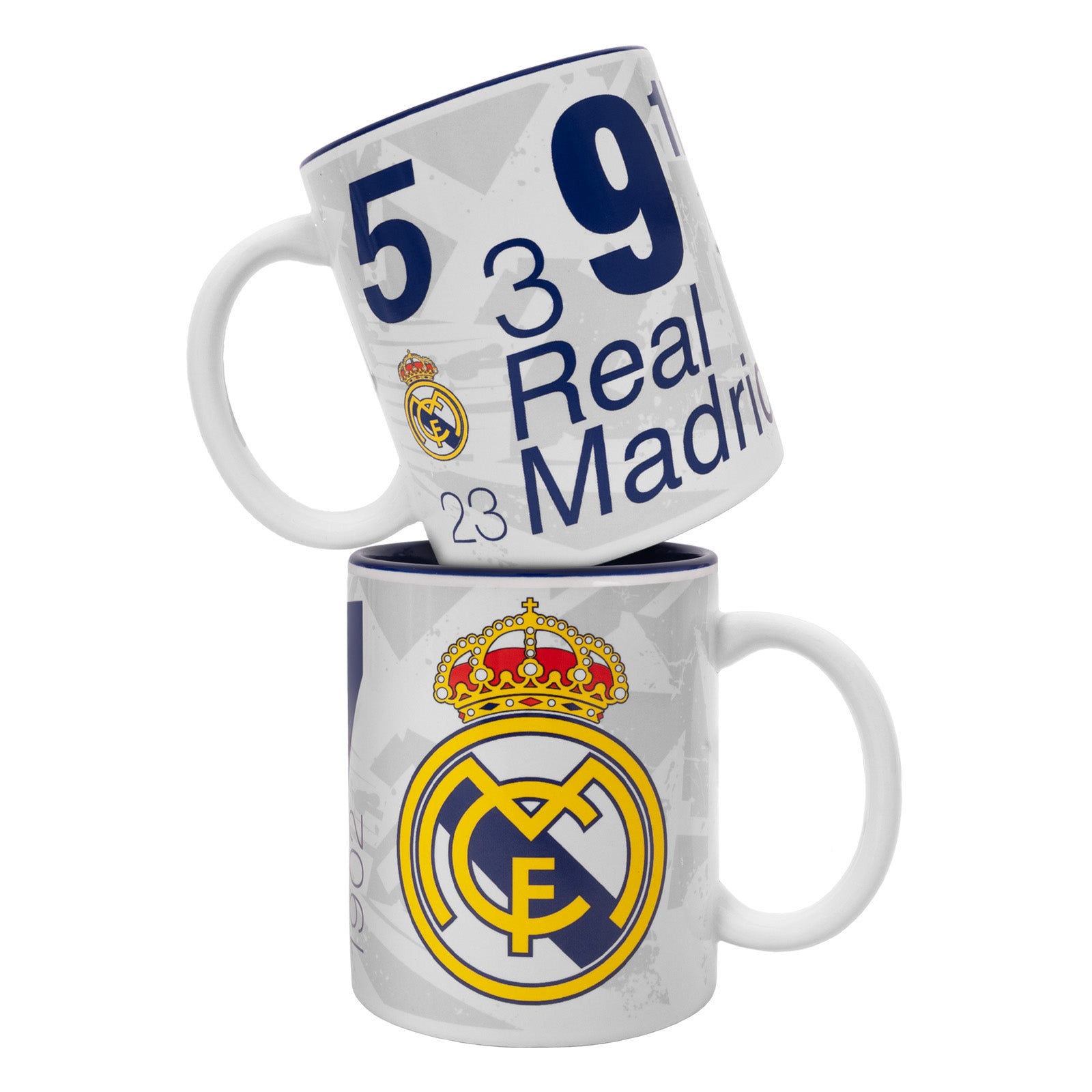 Real Madrid Mug in white featuring the club crest and iconic shirt numbers to the sides