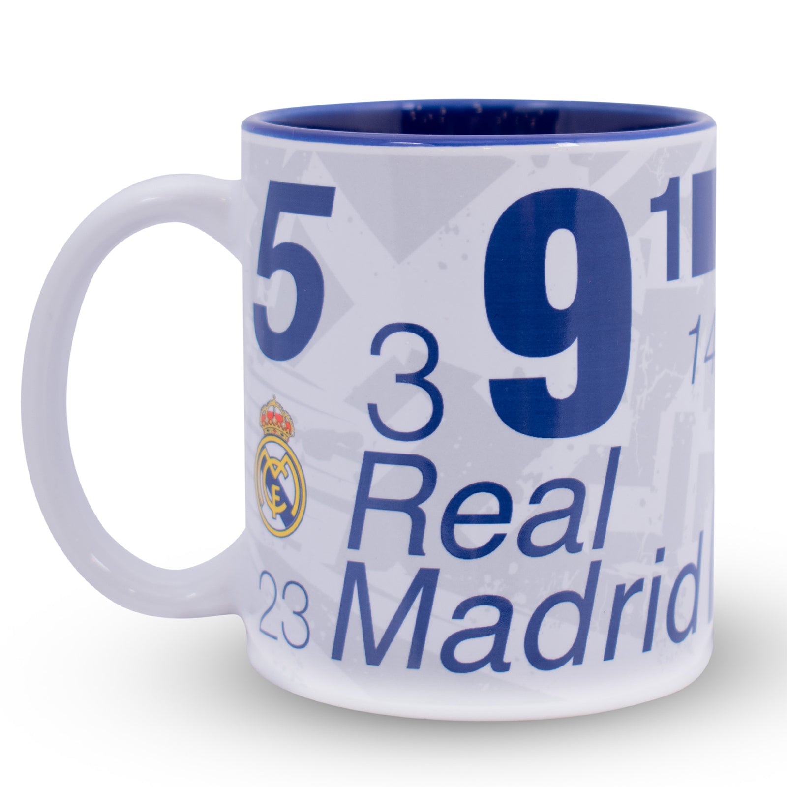 Real Madrid Mug in white featuring the club crest and iconic shirt numbers to the sides